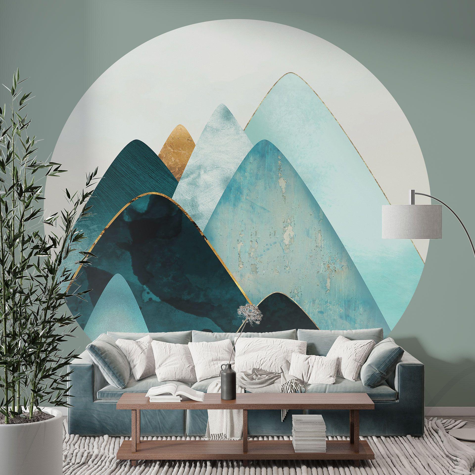 Tapet cirkel Abstrakte bjerge i guld og blå - SpaceFrog Designs - vliesetapet/selvklæbende non-woven