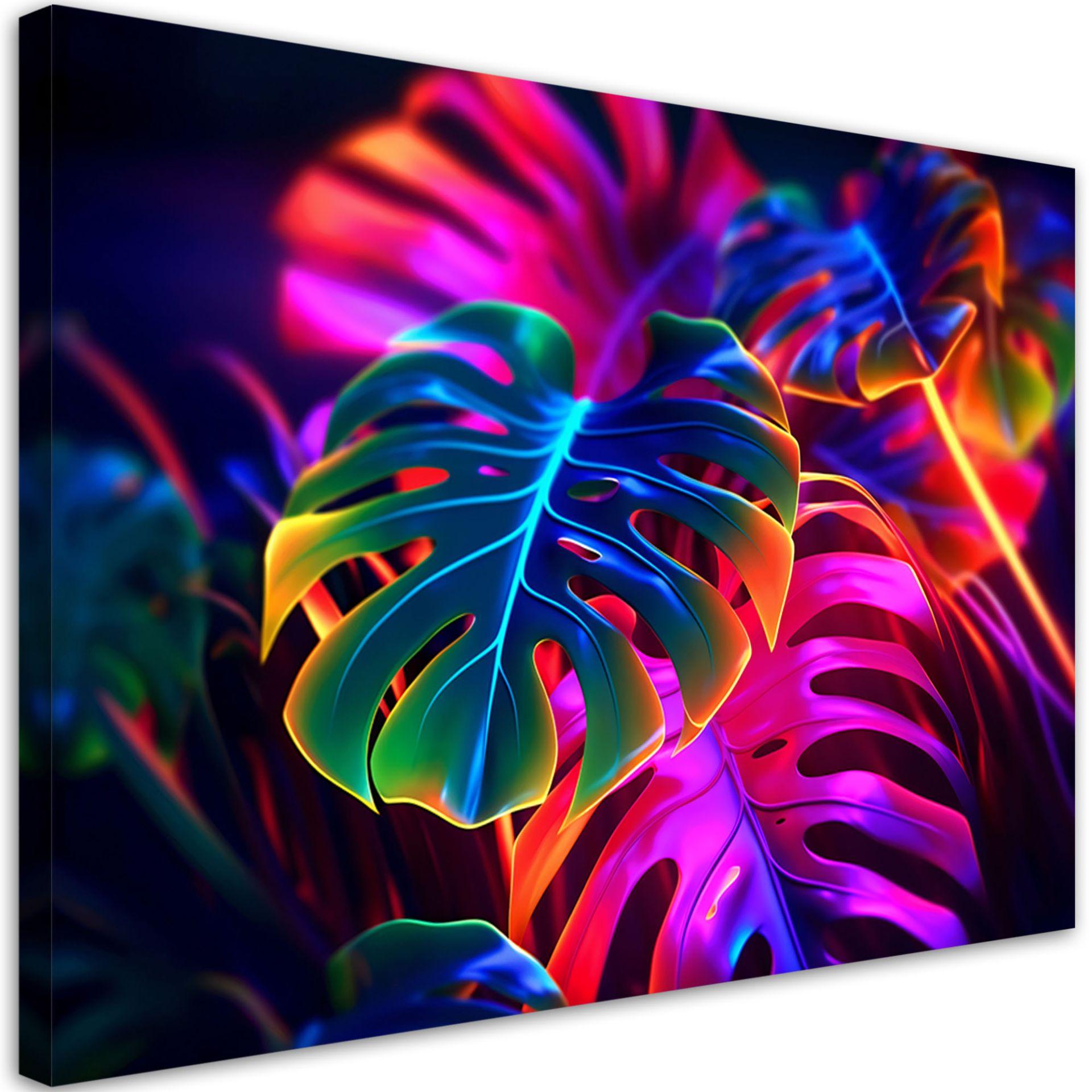 Canvasbillede, Monstera-blade i fluorescerende farver