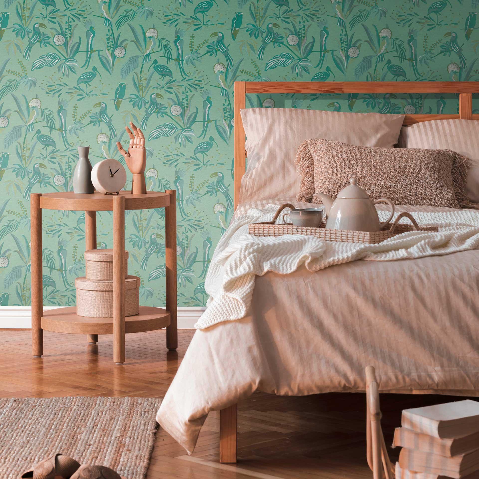 tapet jungle grøn hvid - tapet fugle planter - fleece tapet blomster stue