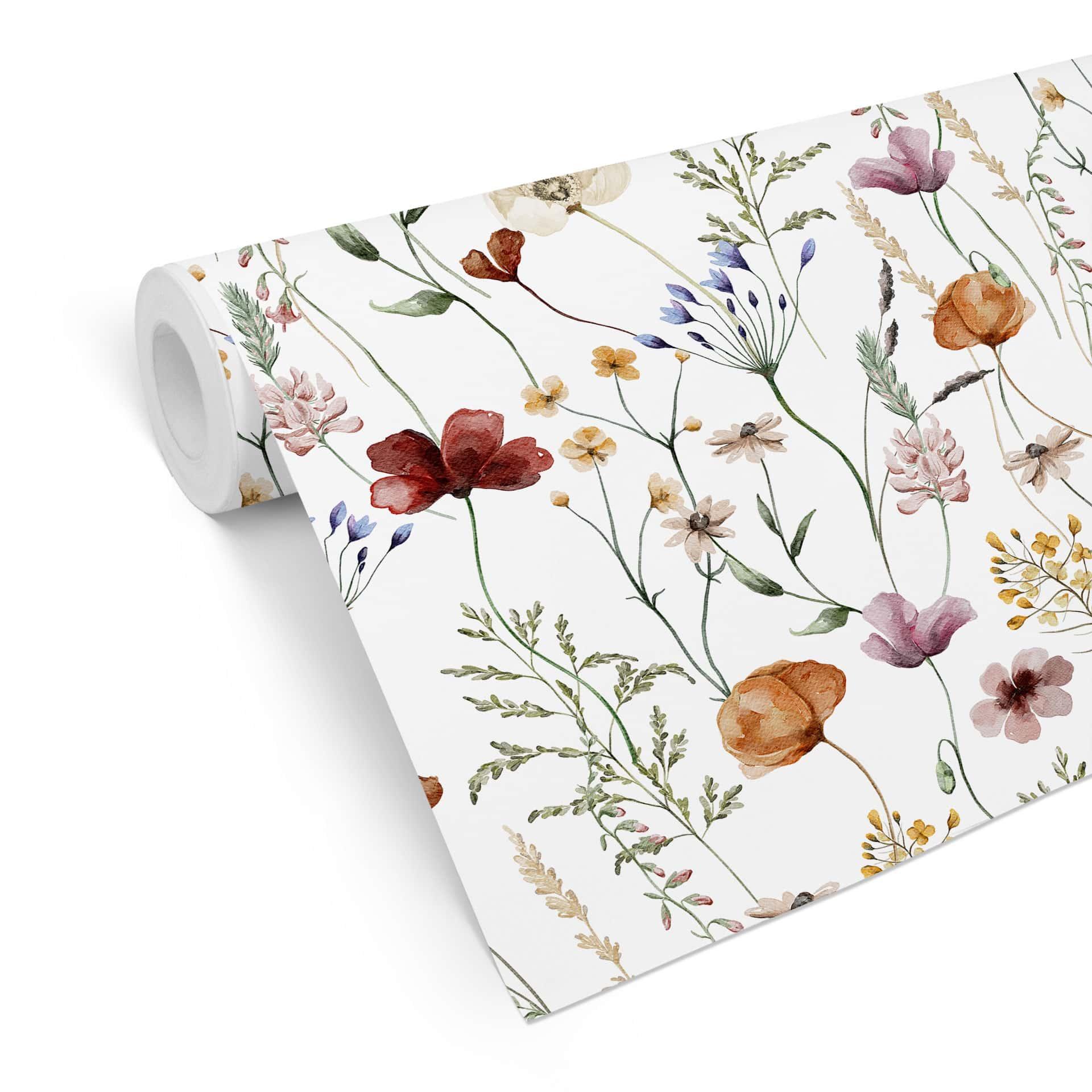Farverigt tapet med mønster af vilde blomster - Ikke-vævet tapet - UN Designs