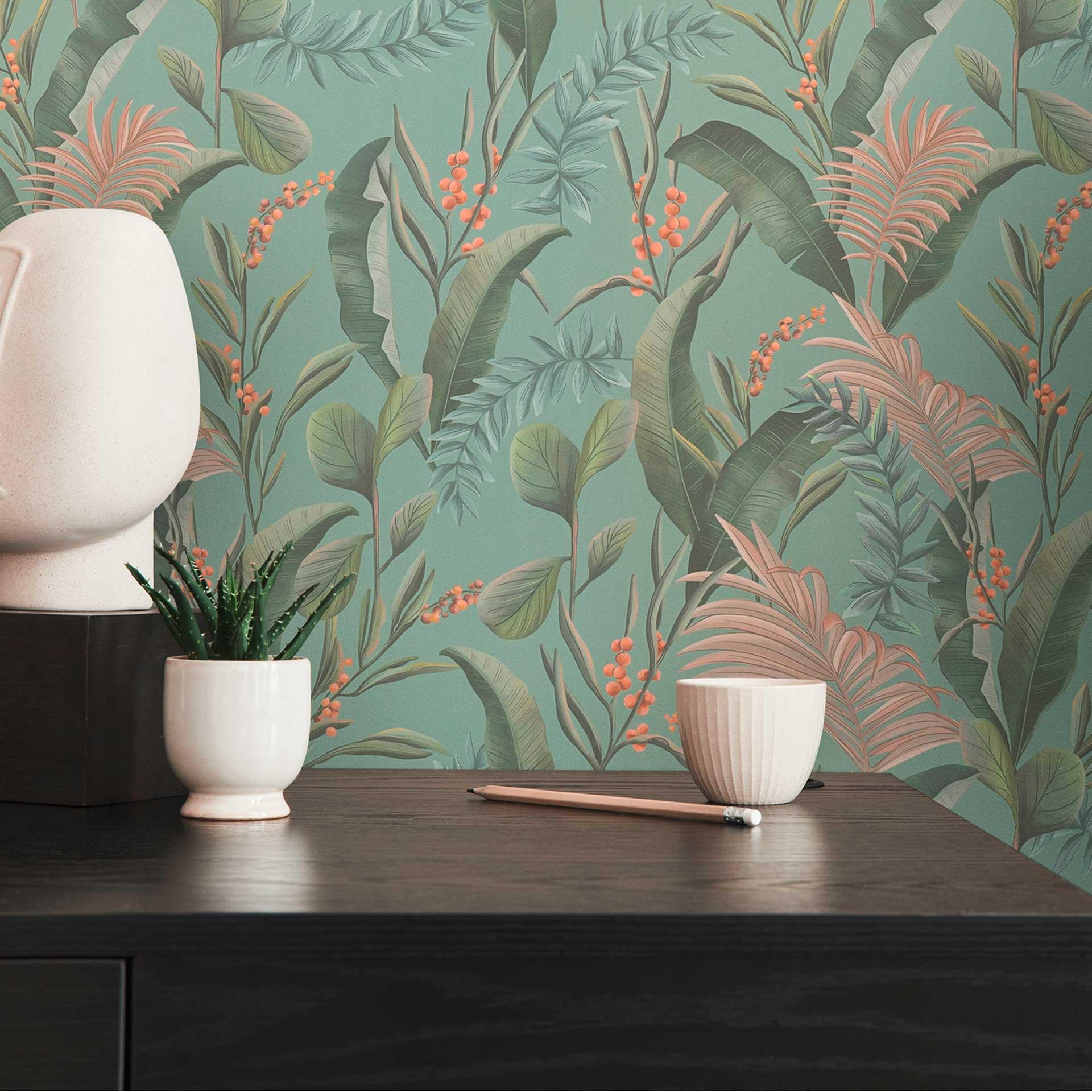 Papel pintado estampado con hojas y hierbas verde turquesa - papel pintado tejido-no tejido jungla