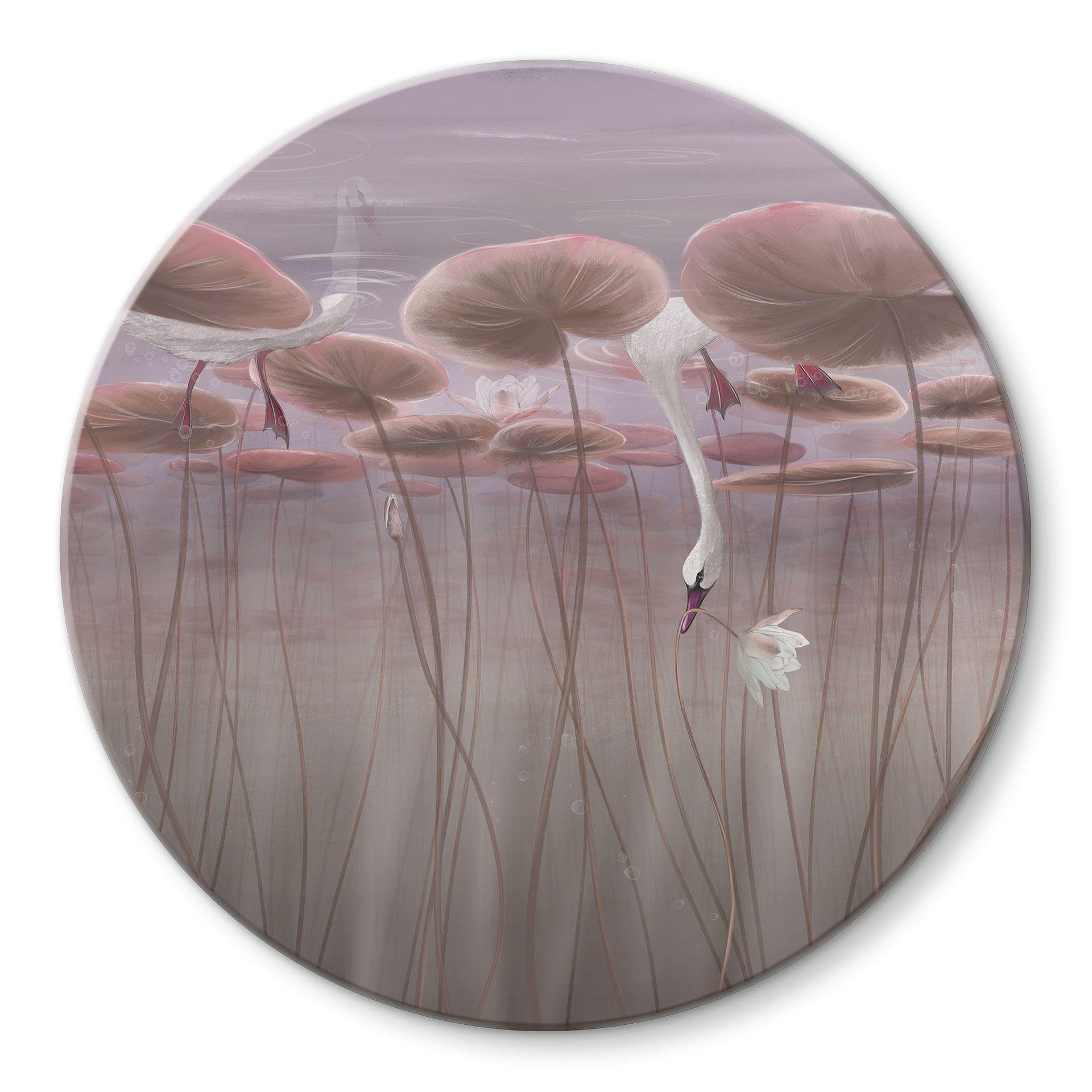 Glasschilderijen Lotusbloemen met zwaan in water in donkerroze - Ms Tiff - Rond