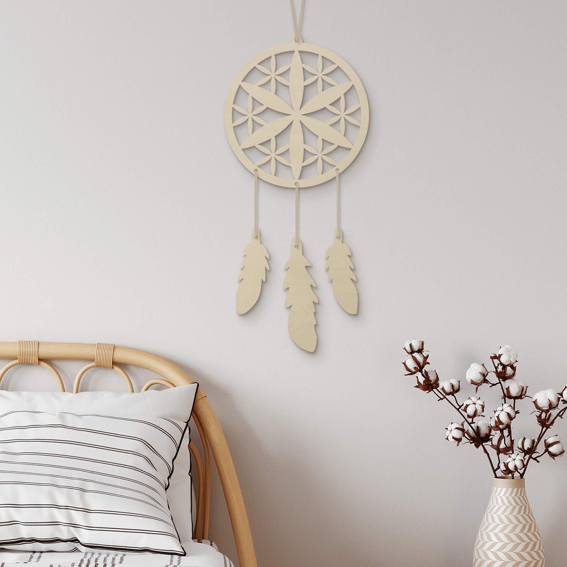 Décoration en bois placage peuplier - Attrape-rêves avec une fleur (4 pièces)