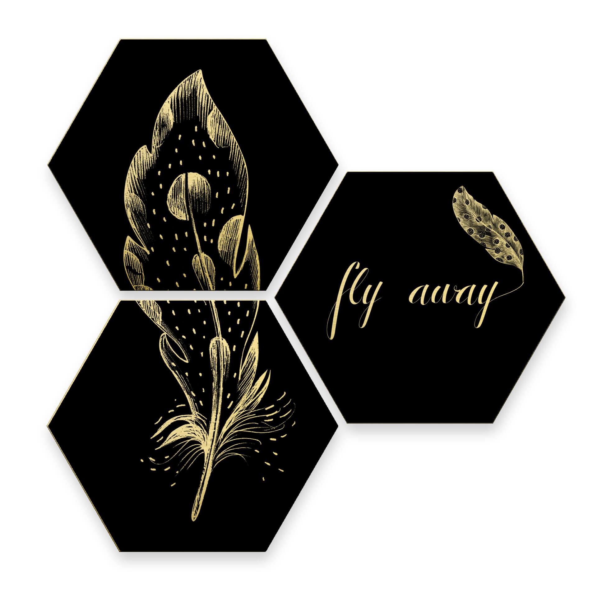 Hexagone - Alu-Dibond effet doré Kvilis - Fly away Set de 3