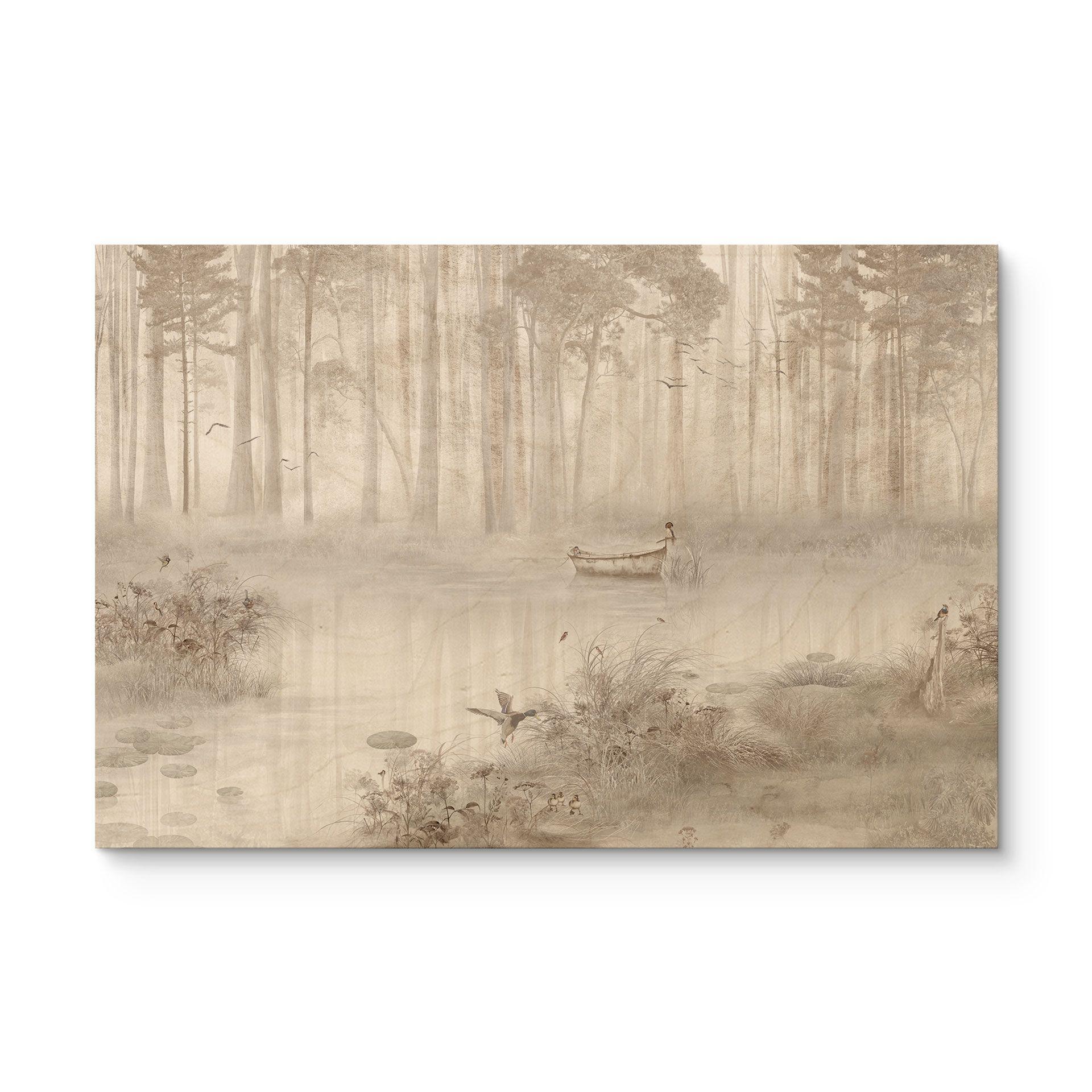Houten Wanddecoratie bos bij het meer in beige mist - Ms Tiff