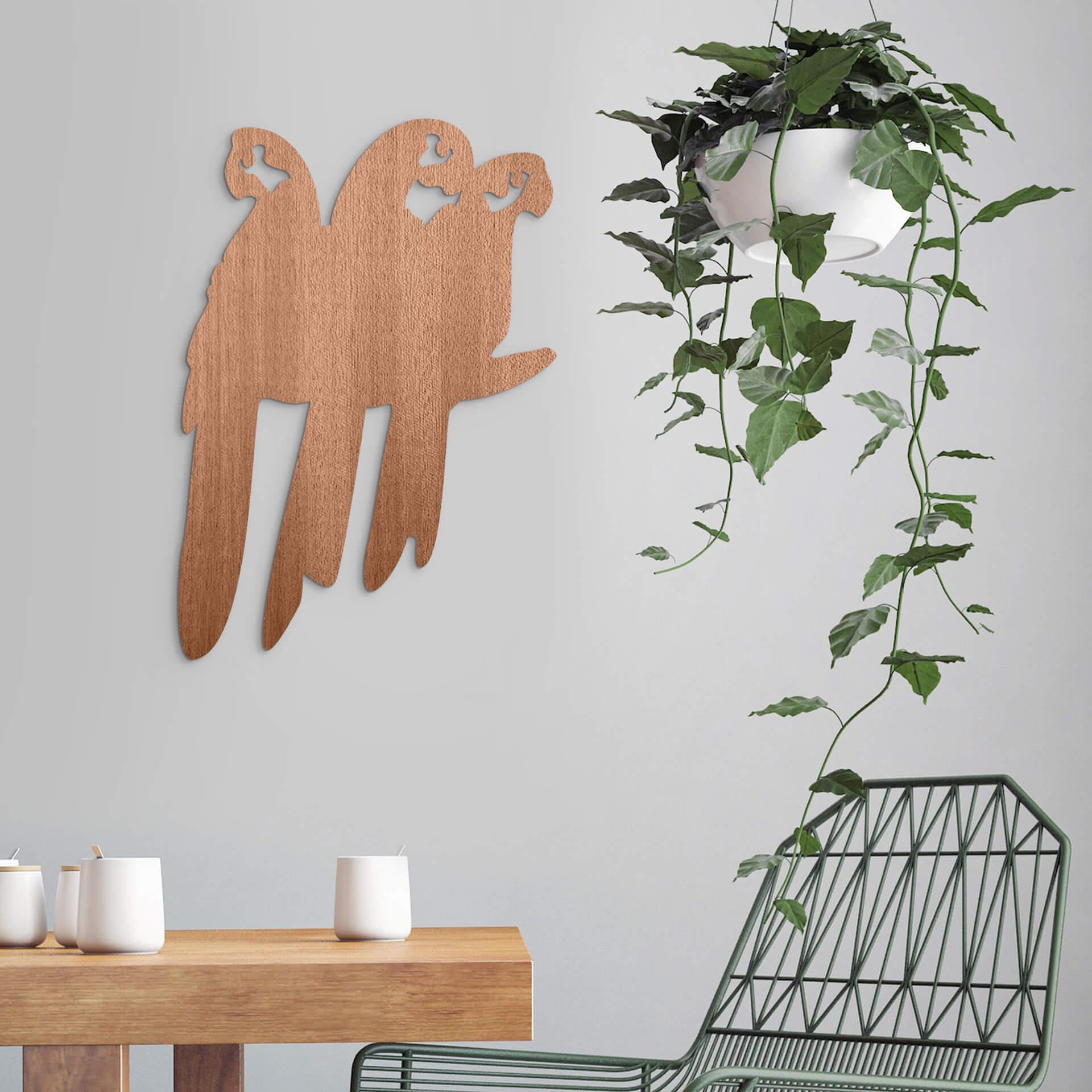 Decoración en madera caoba - Trío de loros en una rama
