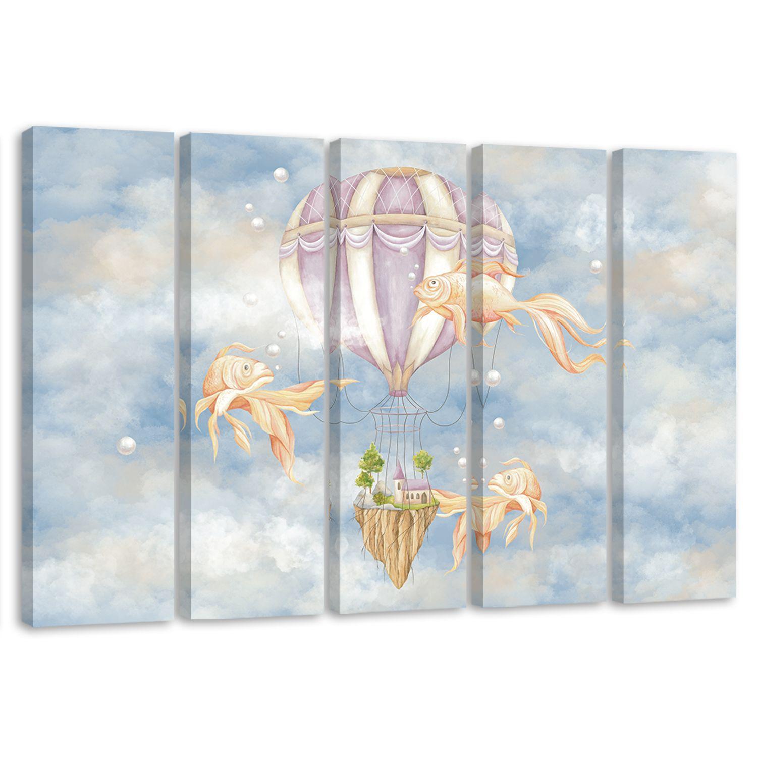 Lærred print 5 stykker, luftballon flyvehus og fisk