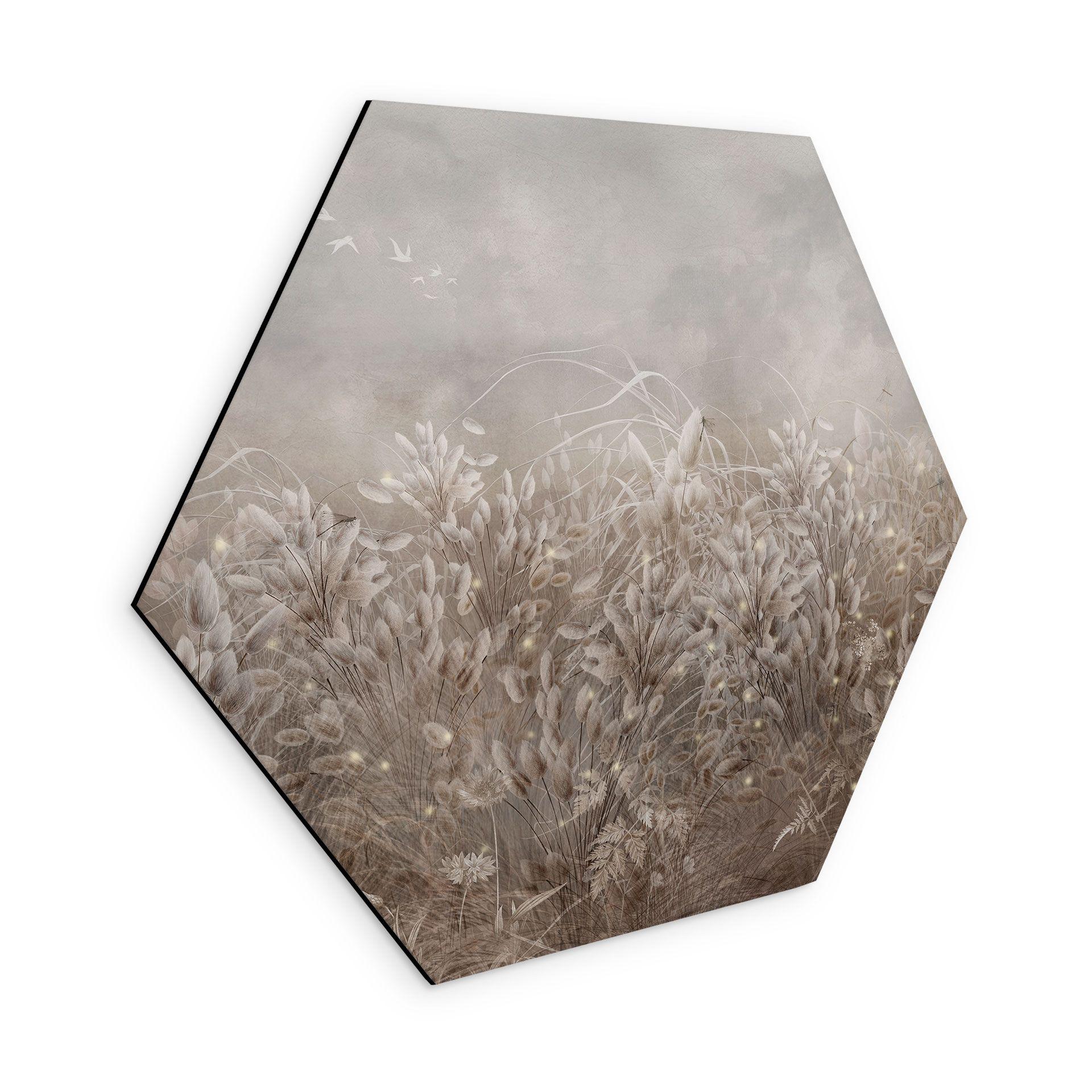 Zeshoek Wanddecoratie Pampasgras en grassen in beige - Ms Tiff - Alu-Dibond