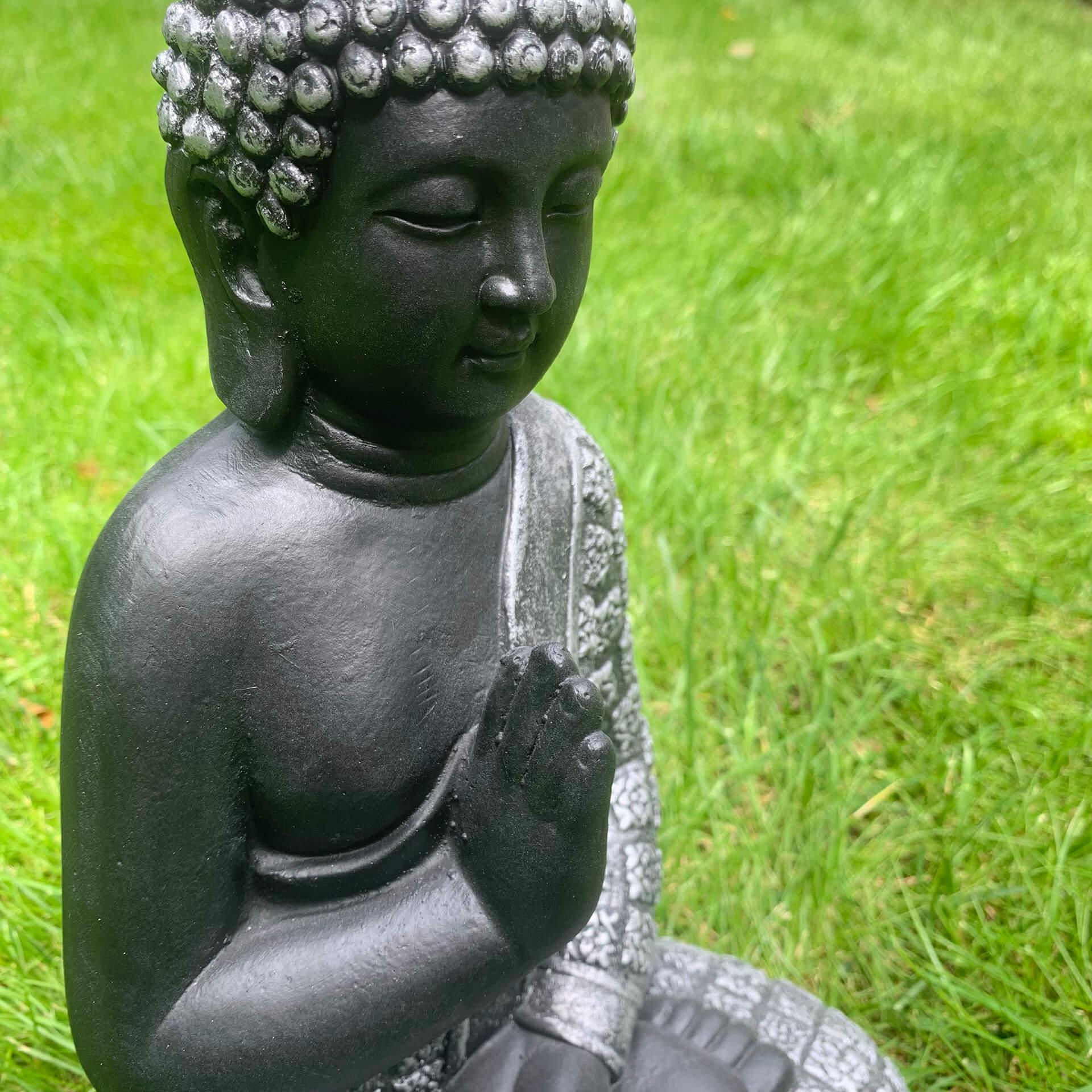 Statuette Lao Bouddha en pierre artificielle décoration de jardin et extérieurs,  noir, argent - 20x15x33 cm