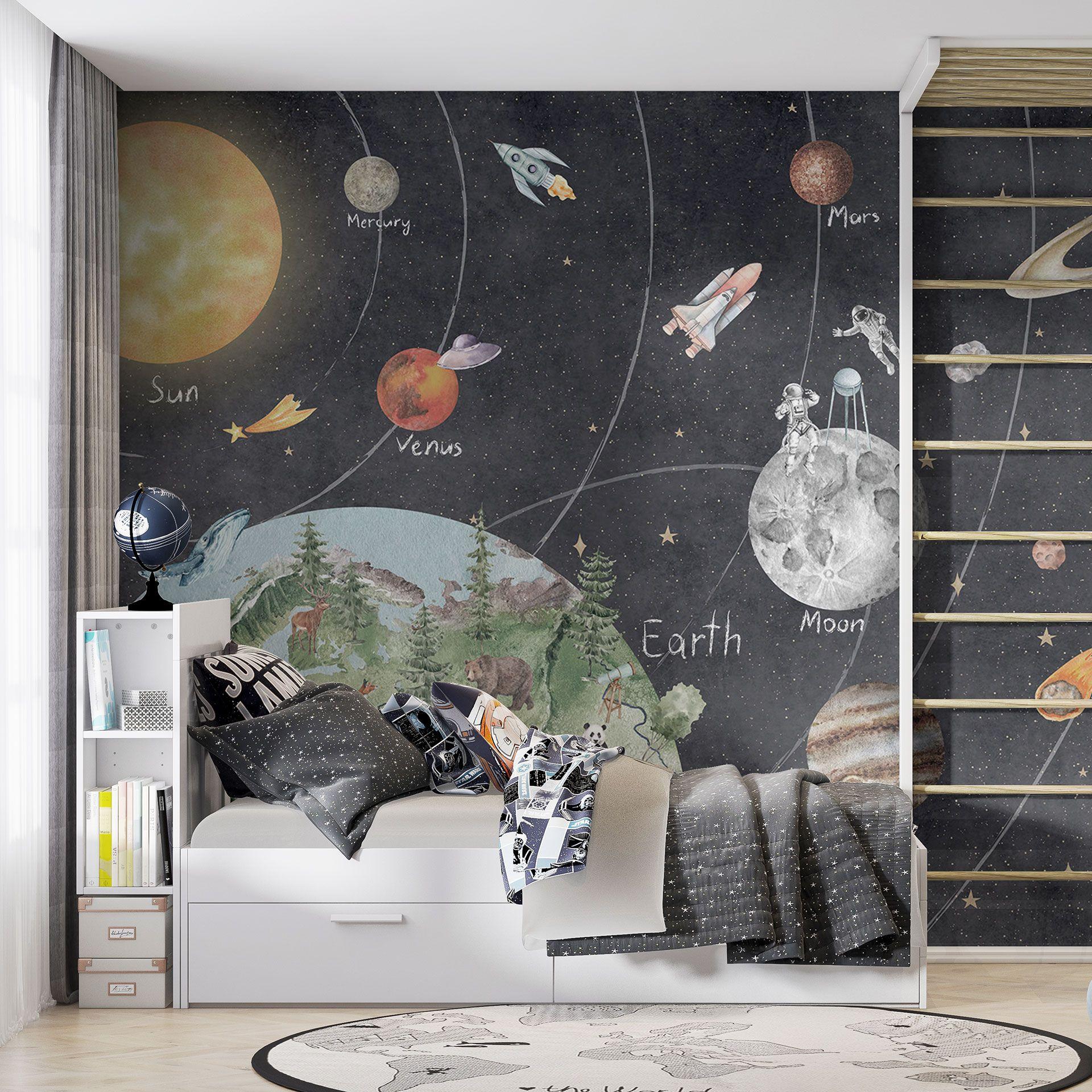 Fotobehang kinderkamer zonnestelsel met planeten en aarde - Ms Tiff
