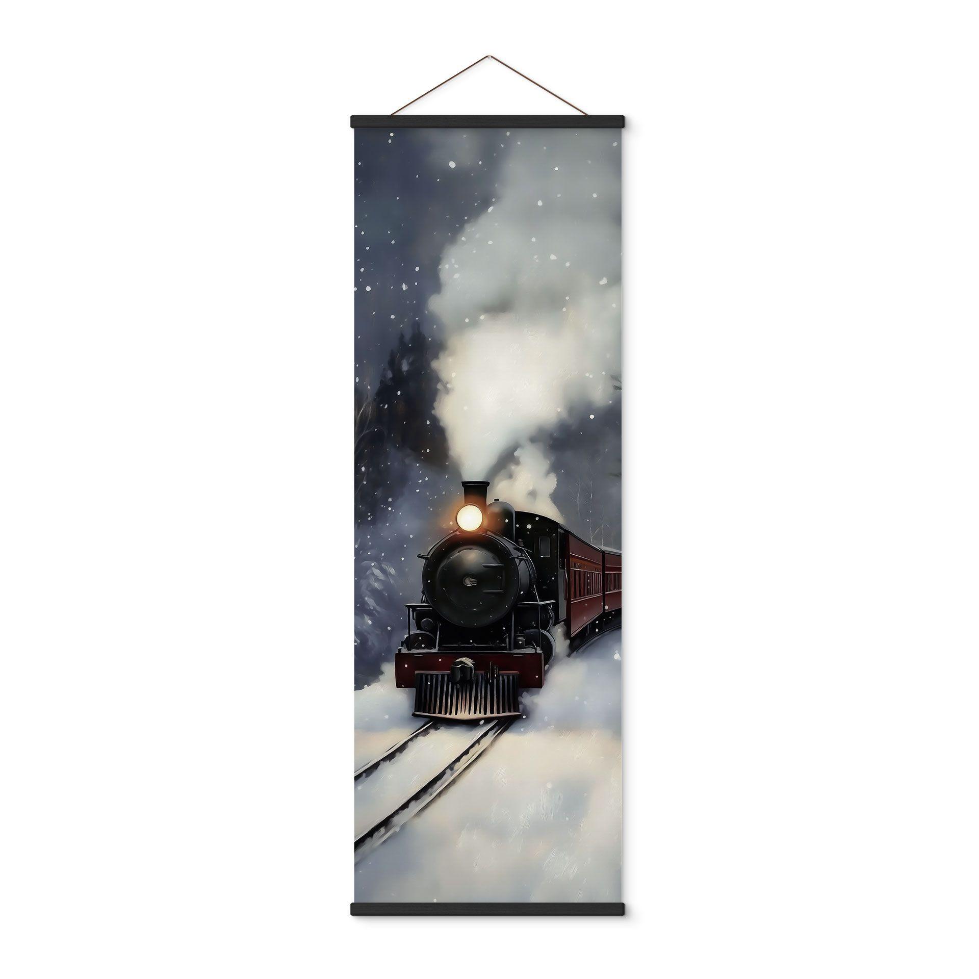 Tekstil plakat Vinter - Damplokomotiv i en snedækket skov - Melloi Art Prints - Panorama