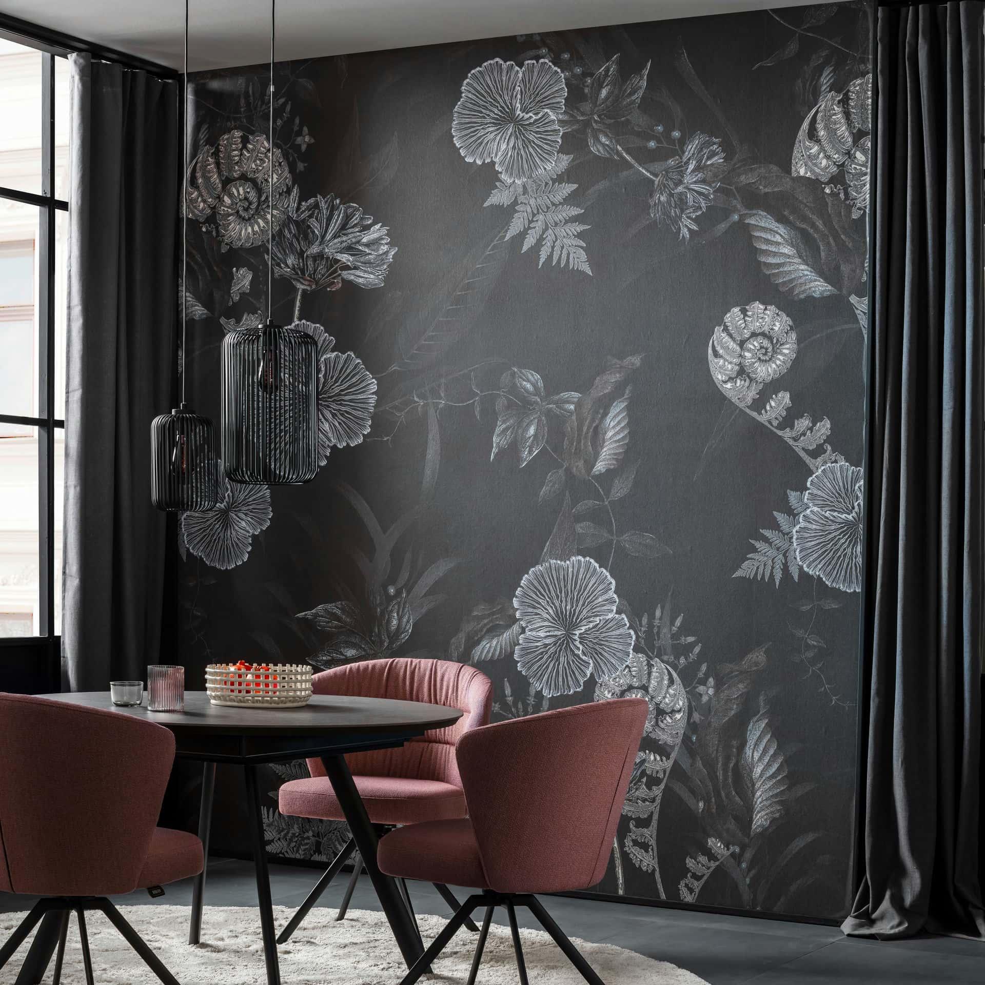 Fototapet blomster, blade blomstret natur, moderne i sort