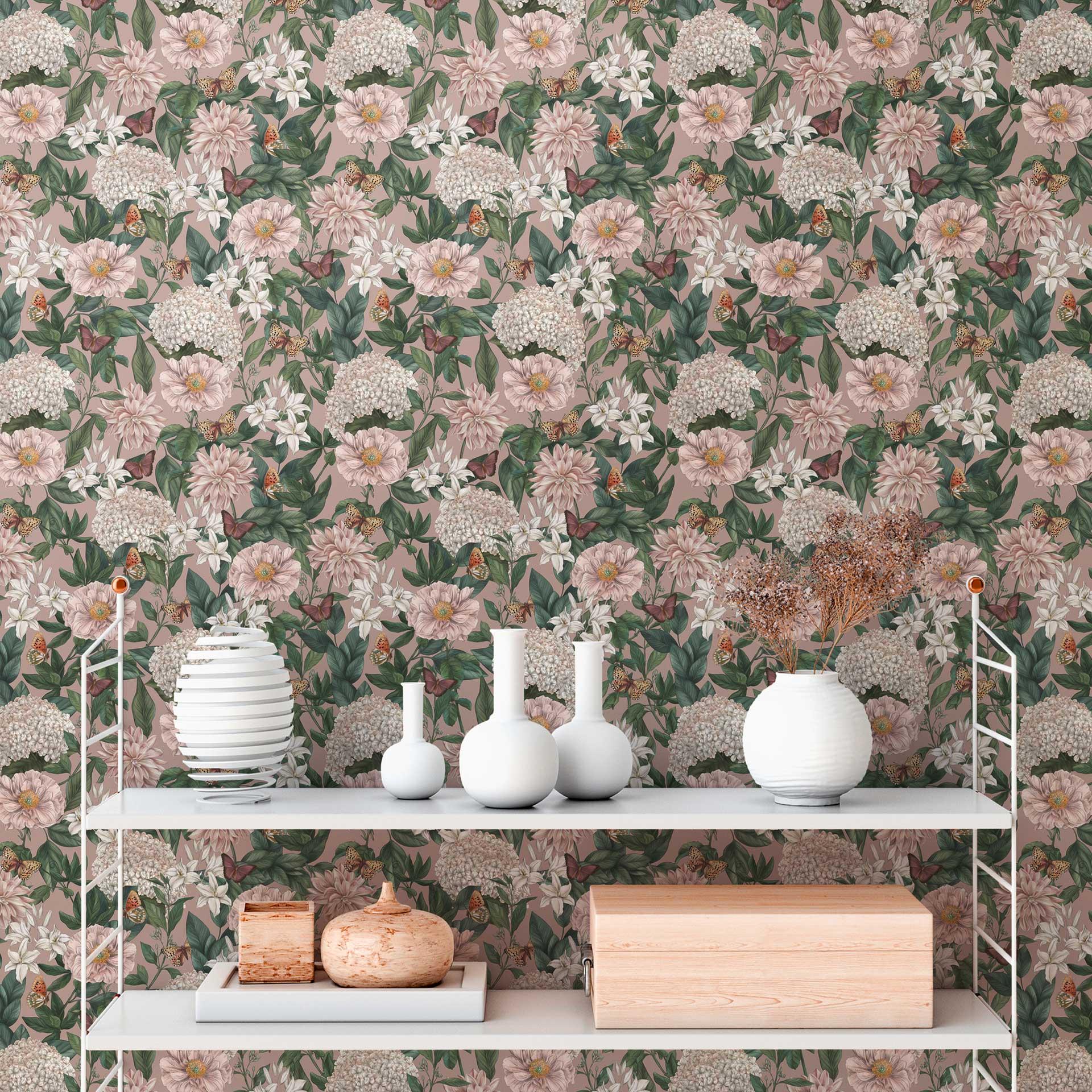 blomstertapet med sommerfugle lyserød grøn - non-woven tapet med lyse blomster