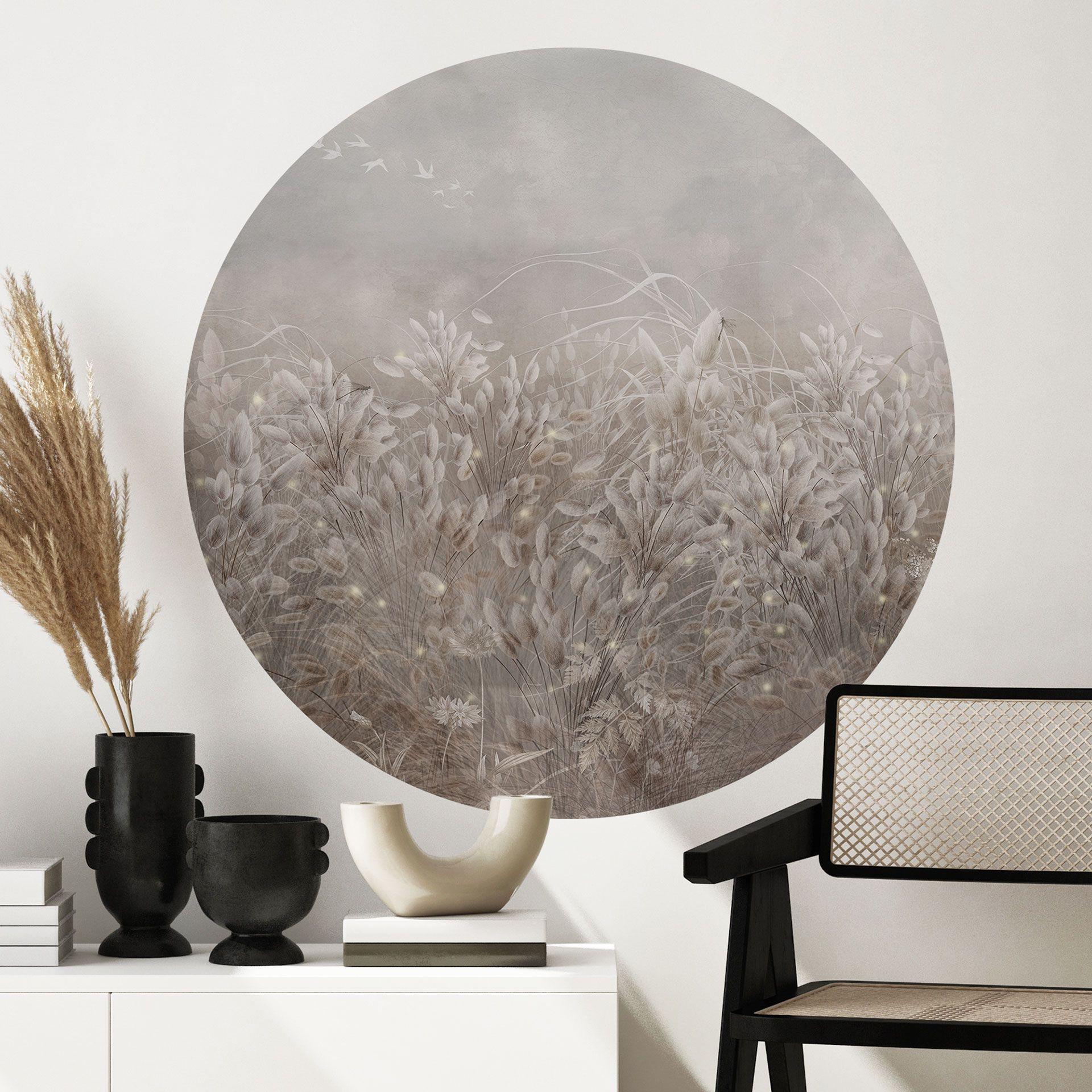 Pampagras en grassen Muursticker in beige - Ms Tiff - Rond
