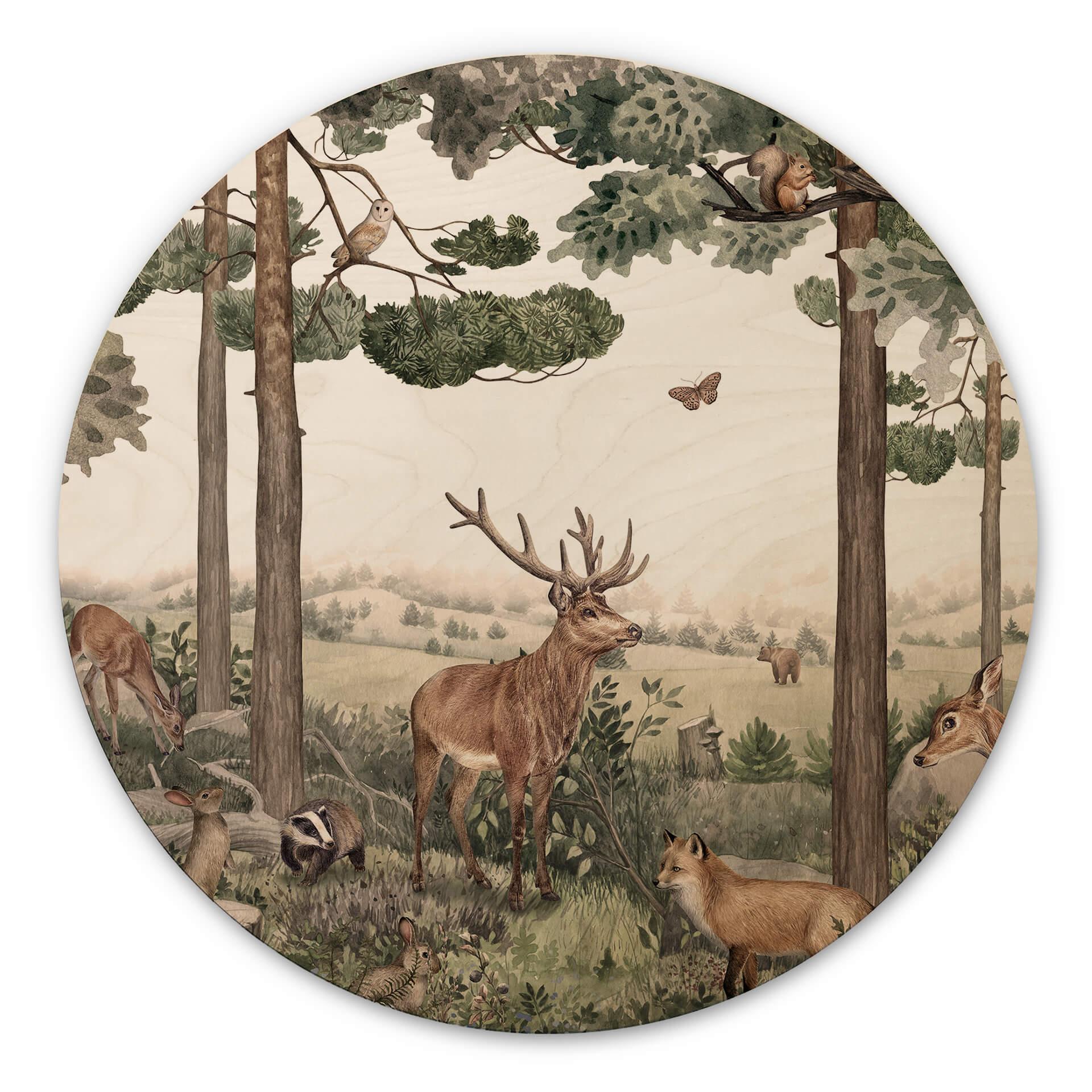 Cuadro de madera Kikki Belle - Animales autóctonos en el bosque - Redondo