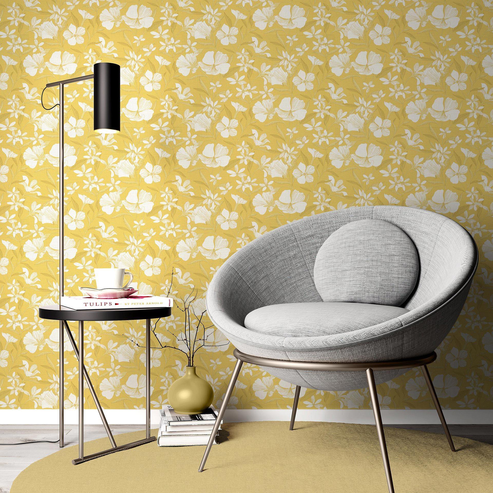 Vliesbehang, behang met bloemmotief La Terrasse geel, beige