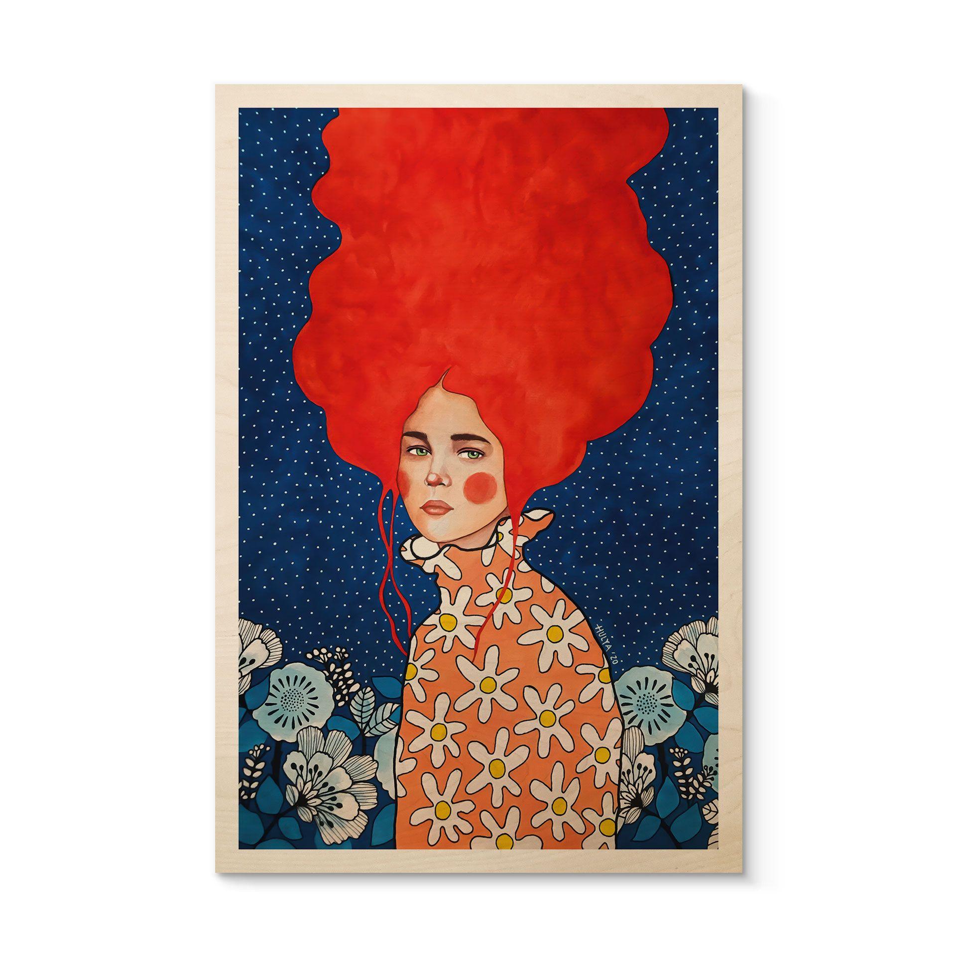 Cuadro de madera mujer pelirroja con flores - Hülya