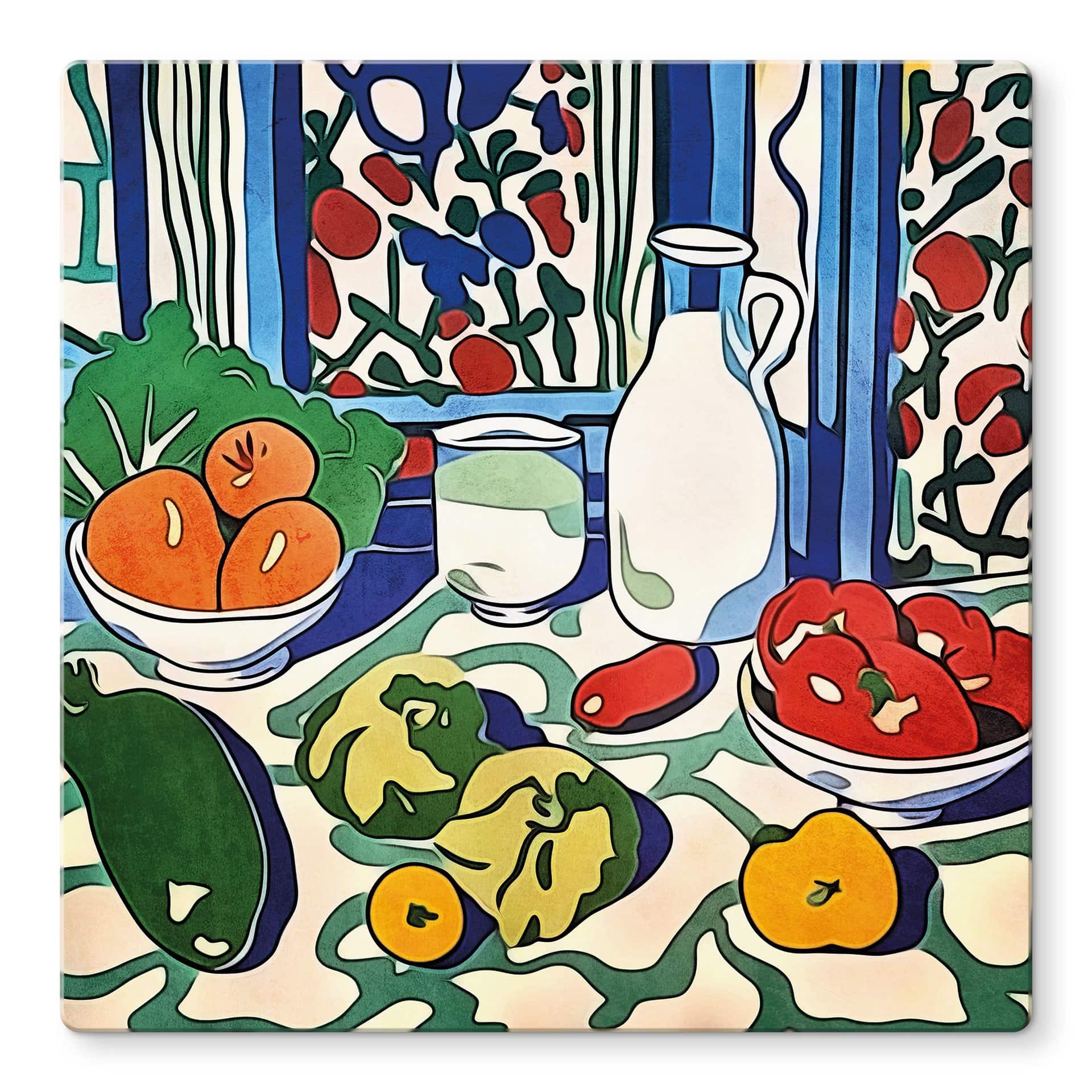 Glasbillede - Frugt og grøntsager på køkkenbordet - Inspireret af Matisse - Zamart
