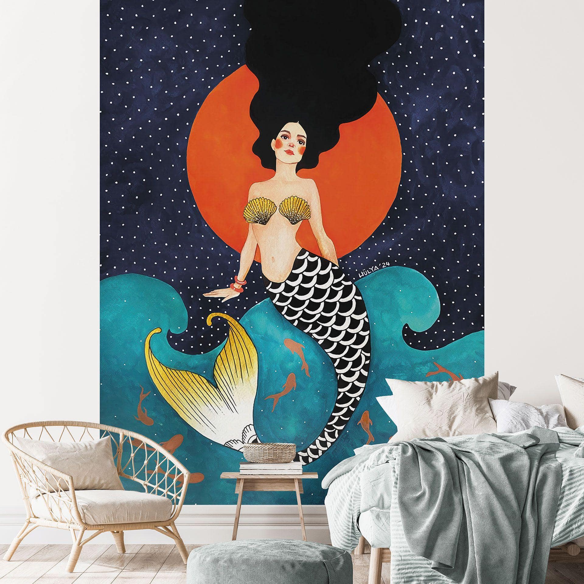 Fotomural océano sirena en luz de la luna roja - Hülya