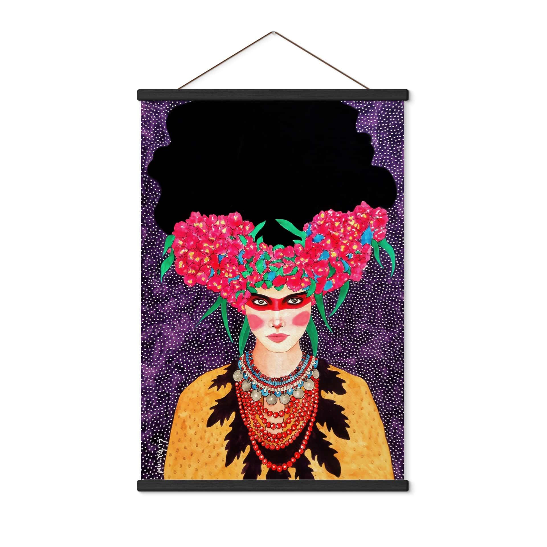 Póster de tela mujer con corona de flores y almidón - Hülya