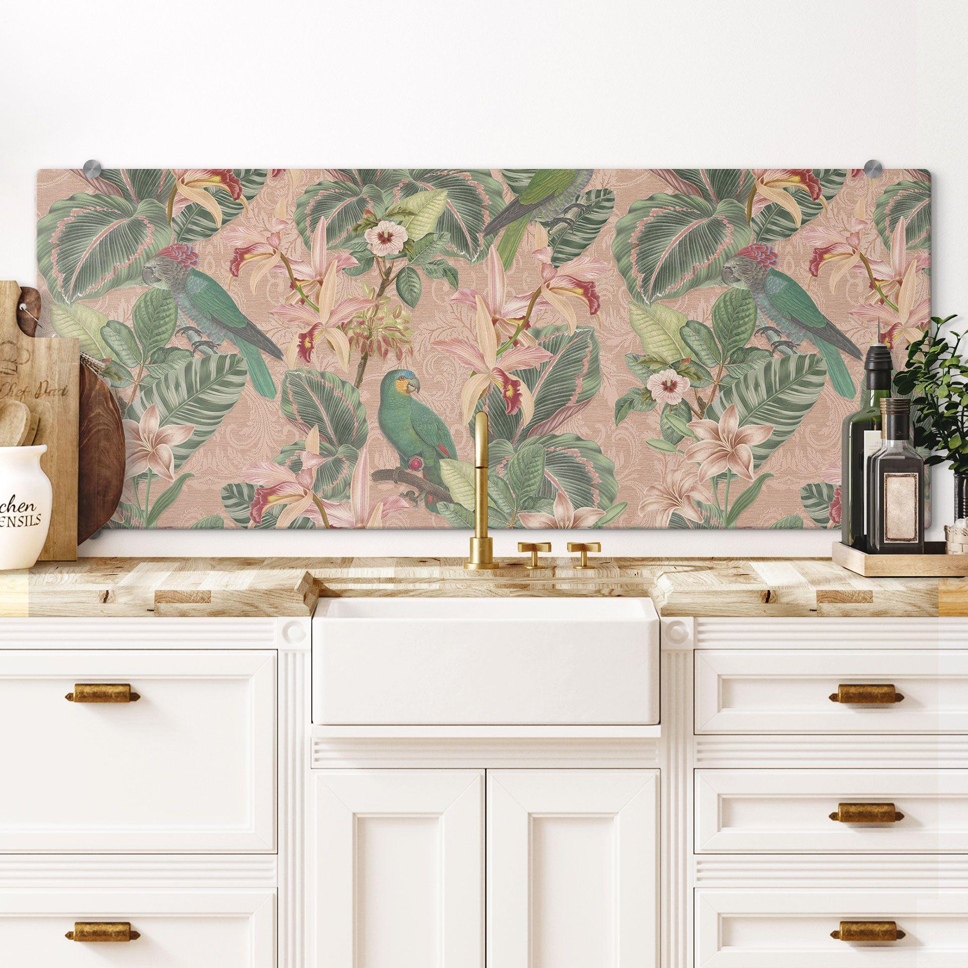 Stænkplade Jungle med papegøjer pink - Bloomery Decor - Panorama