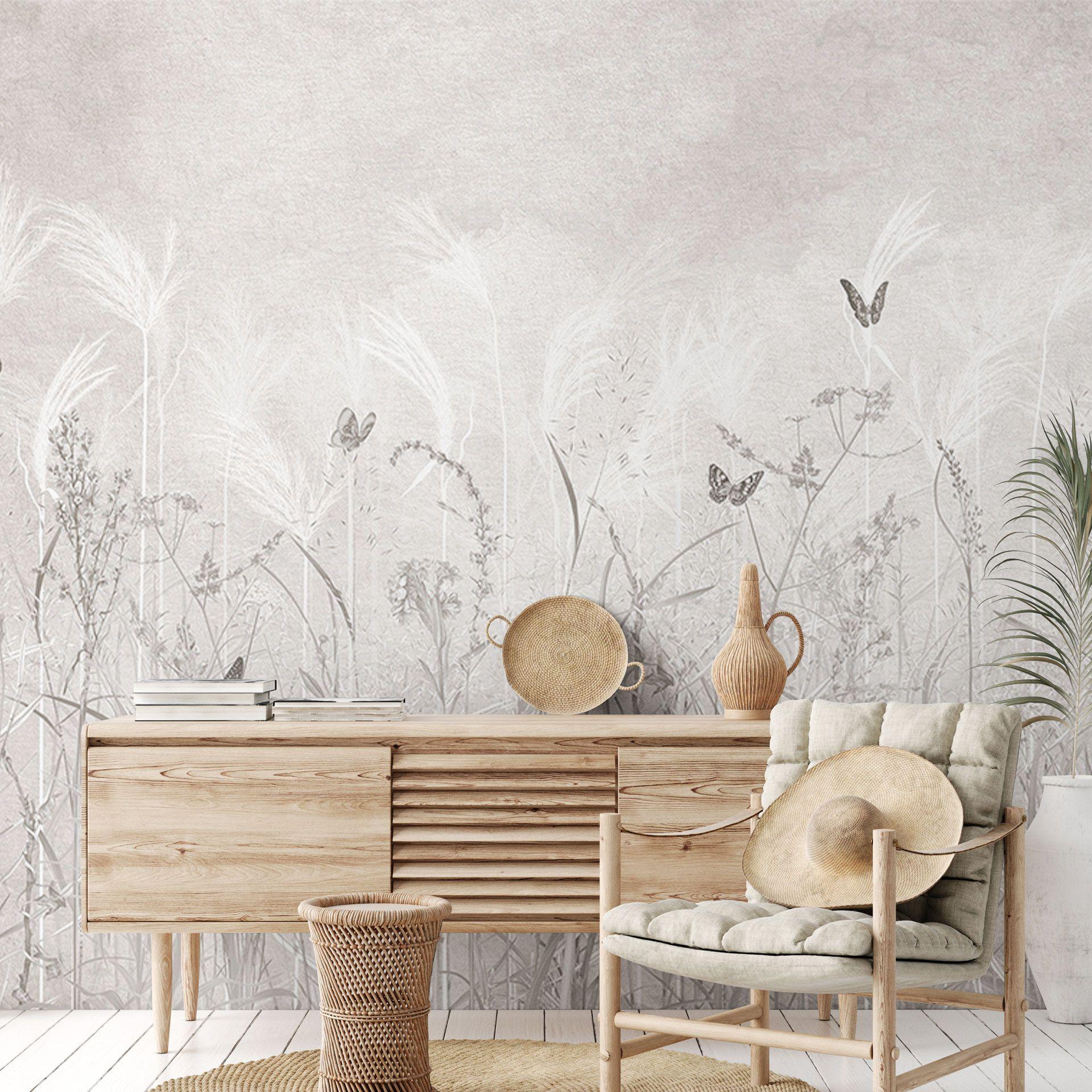 Scandinavisch design wilde bloemenweide met vlinders Fotobehang - Ms Tiff