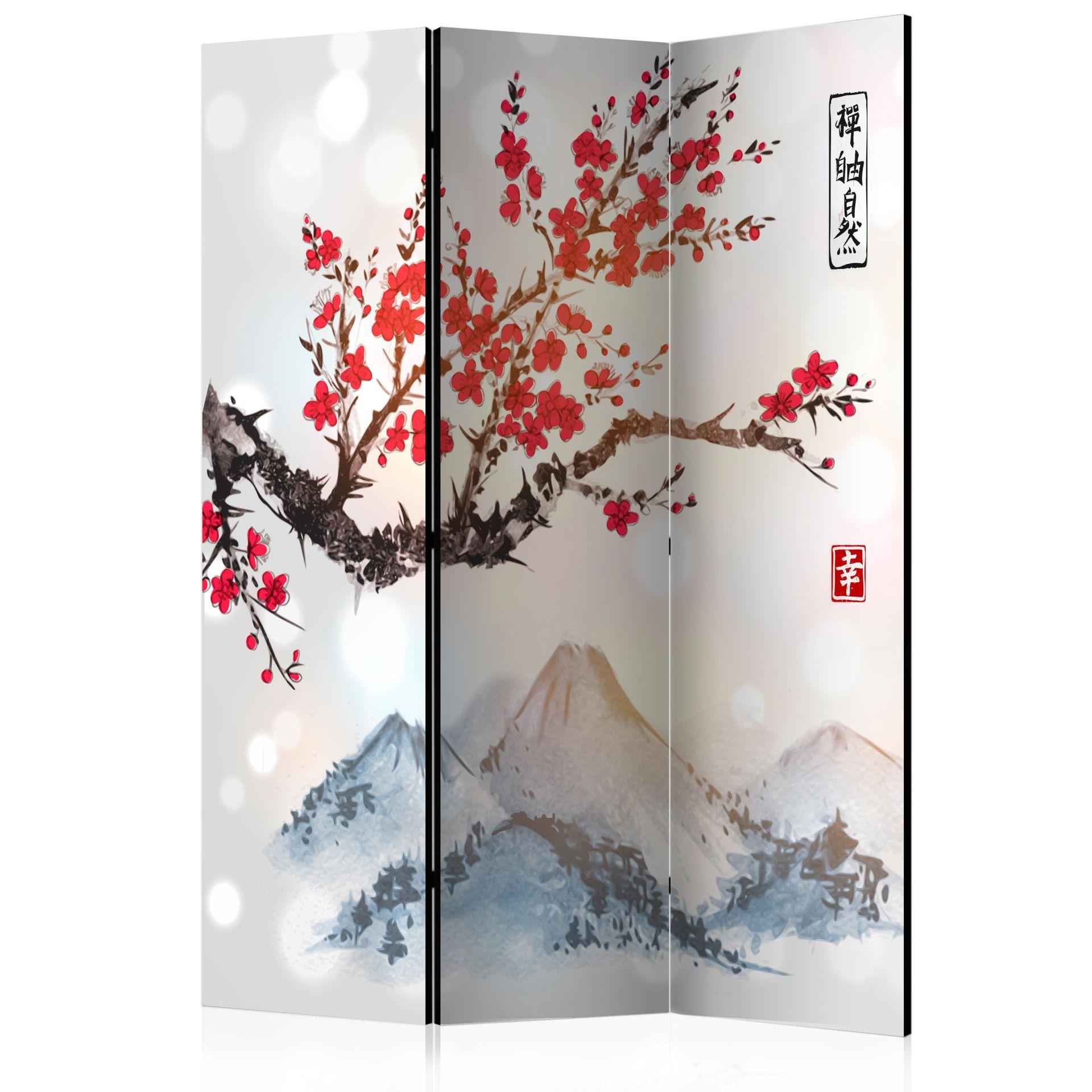 Screen room divider - Fuji i kirsebærtræets blomstrende ramme, 3-delt