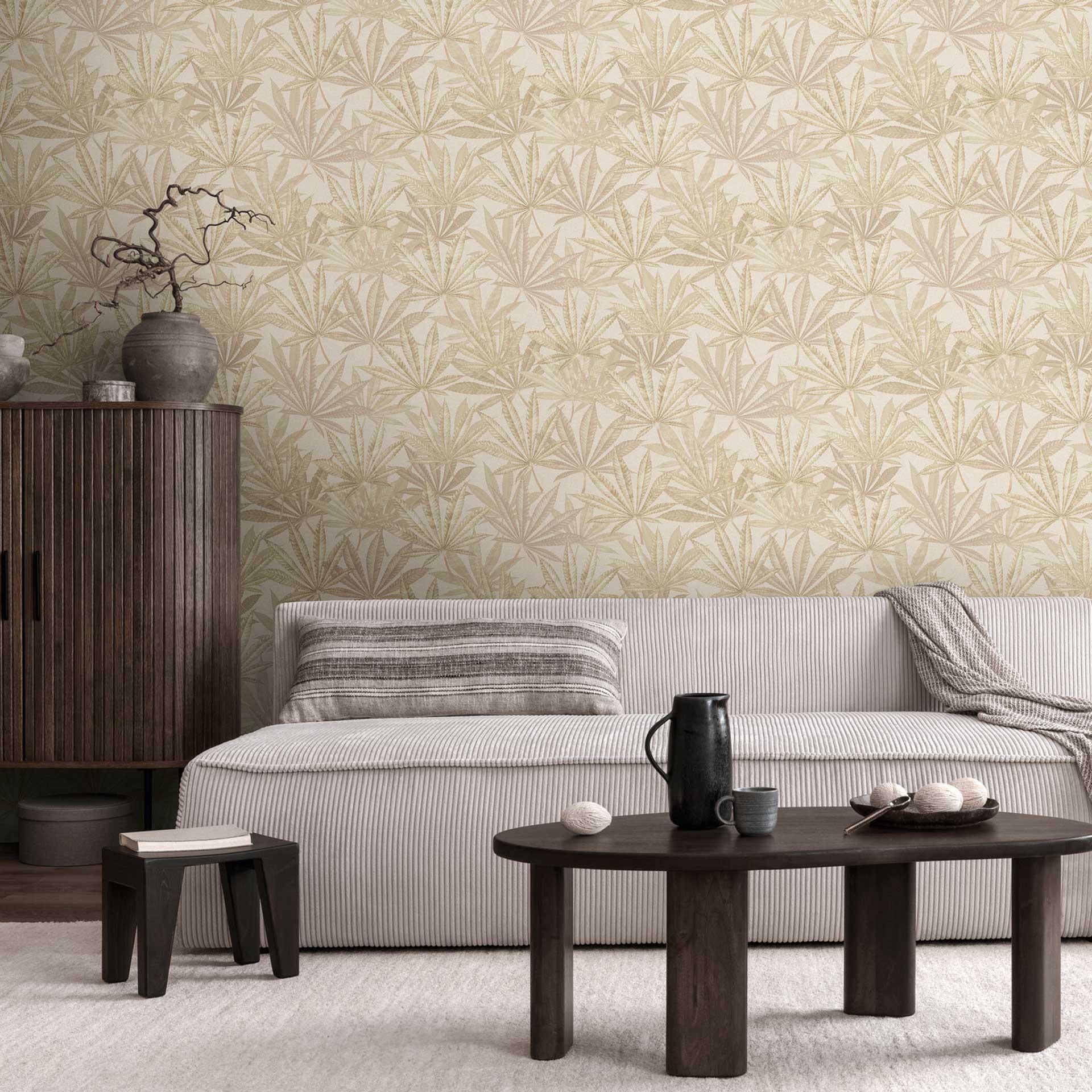 Leaves tapet beige creme - Ikke-vævet tapet med bladmønster af stor størrelse i naturlige toner