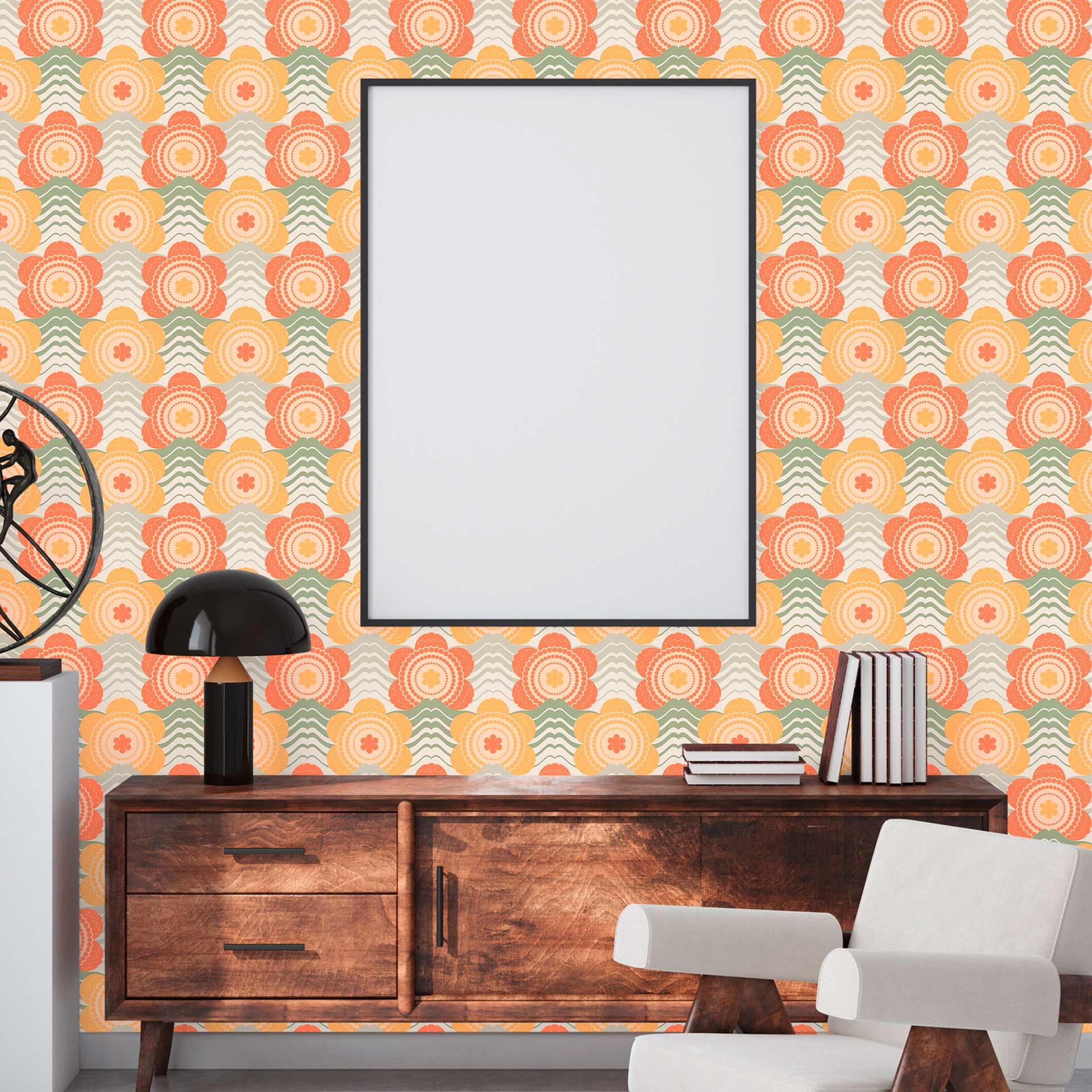 Vintage blomstertapet orange gul - retro ikke-vævet tapet i blomsterstil - vintage mønster tapet