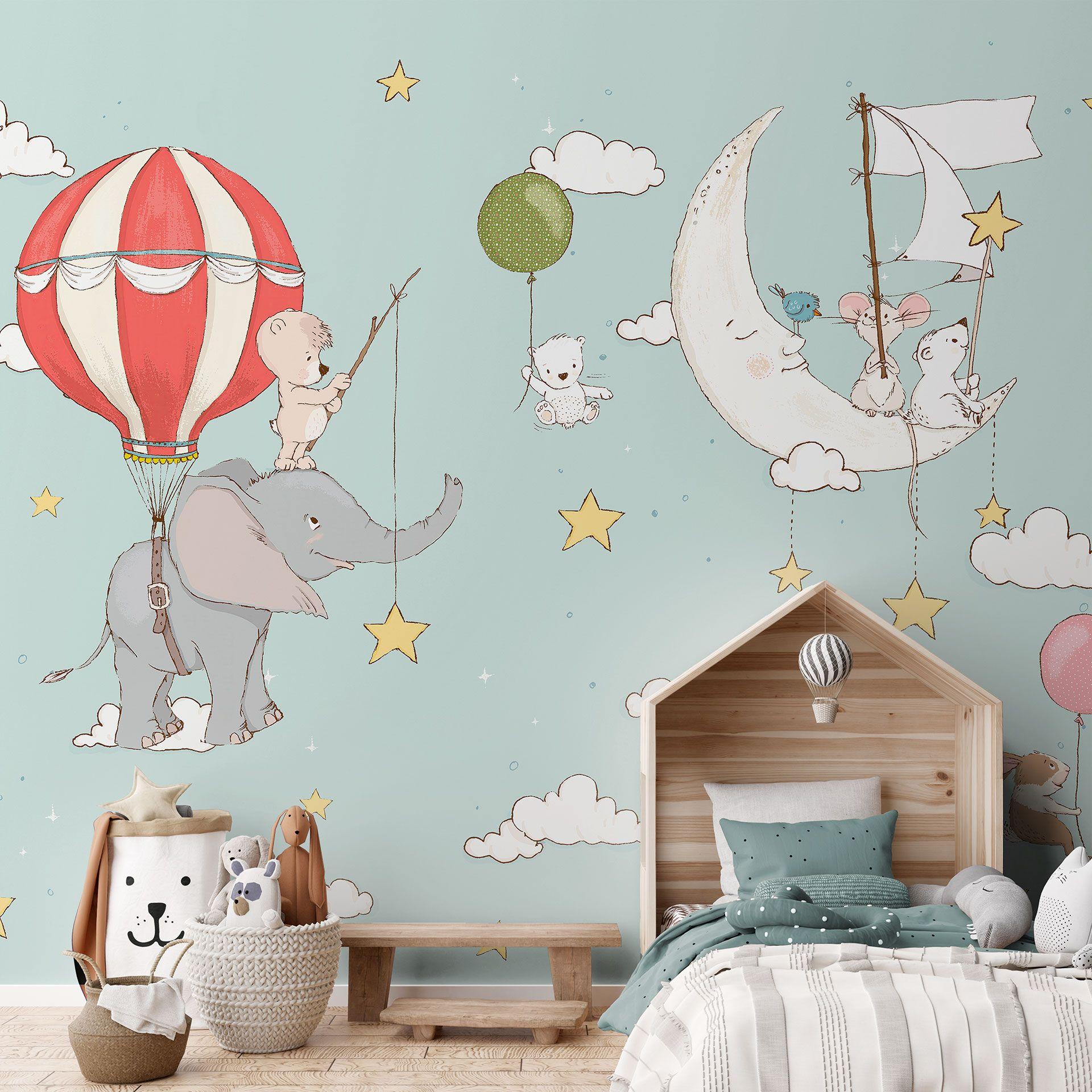 Fotomural Habitación infantil Animales voladores con globo aerostático - Skellern