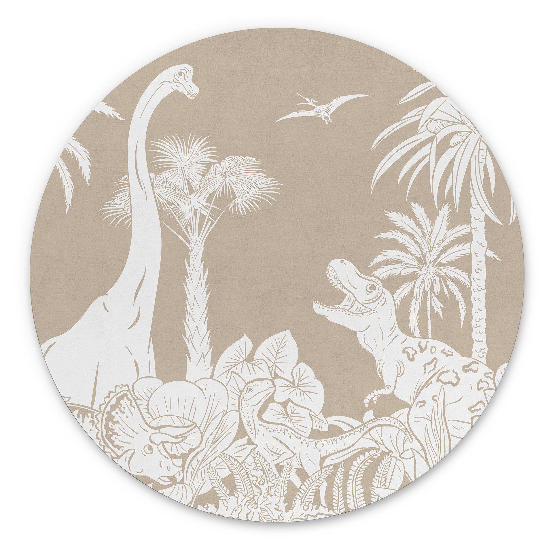 Rundt billede Dinosaurer i den vilde jungle - Brun - Kikki Belle – print på aluminium (Alu-Dibond)