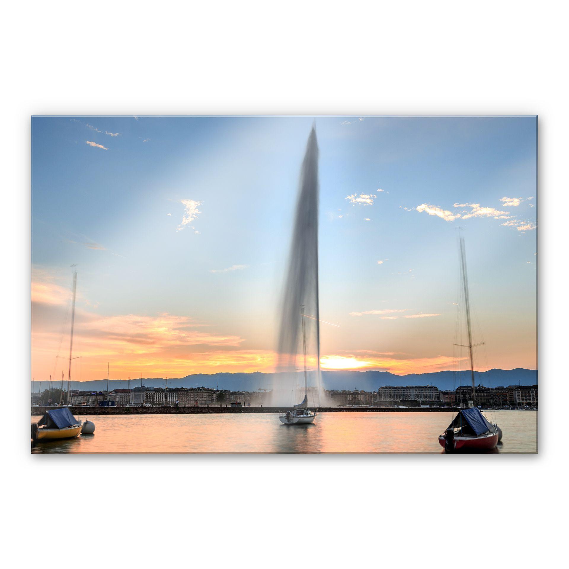Akrylbillede vandfontæne i Genèves solnedgang
