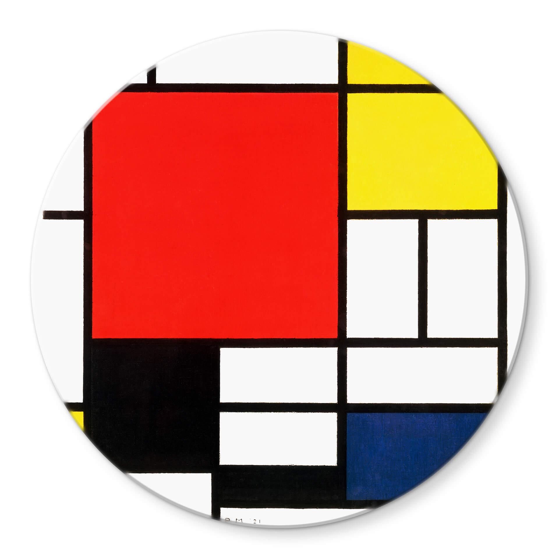 Tableau sur verre Mondrian -Composition en rouge, jaune, bleu et noir - rond