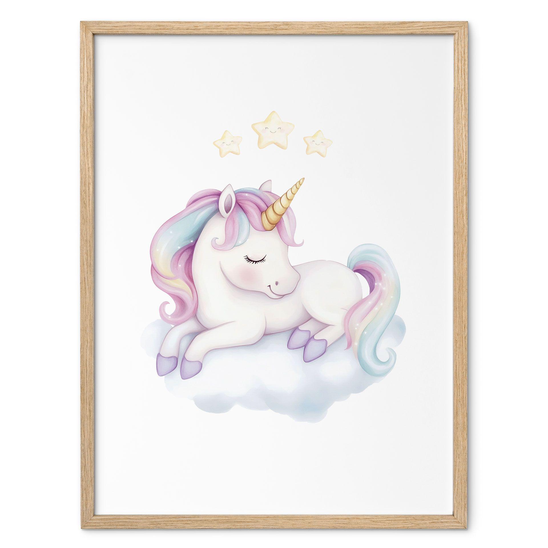 Póster de unicornio dormido con estrellas | Simpática criatura mítica para la habitación del bebé