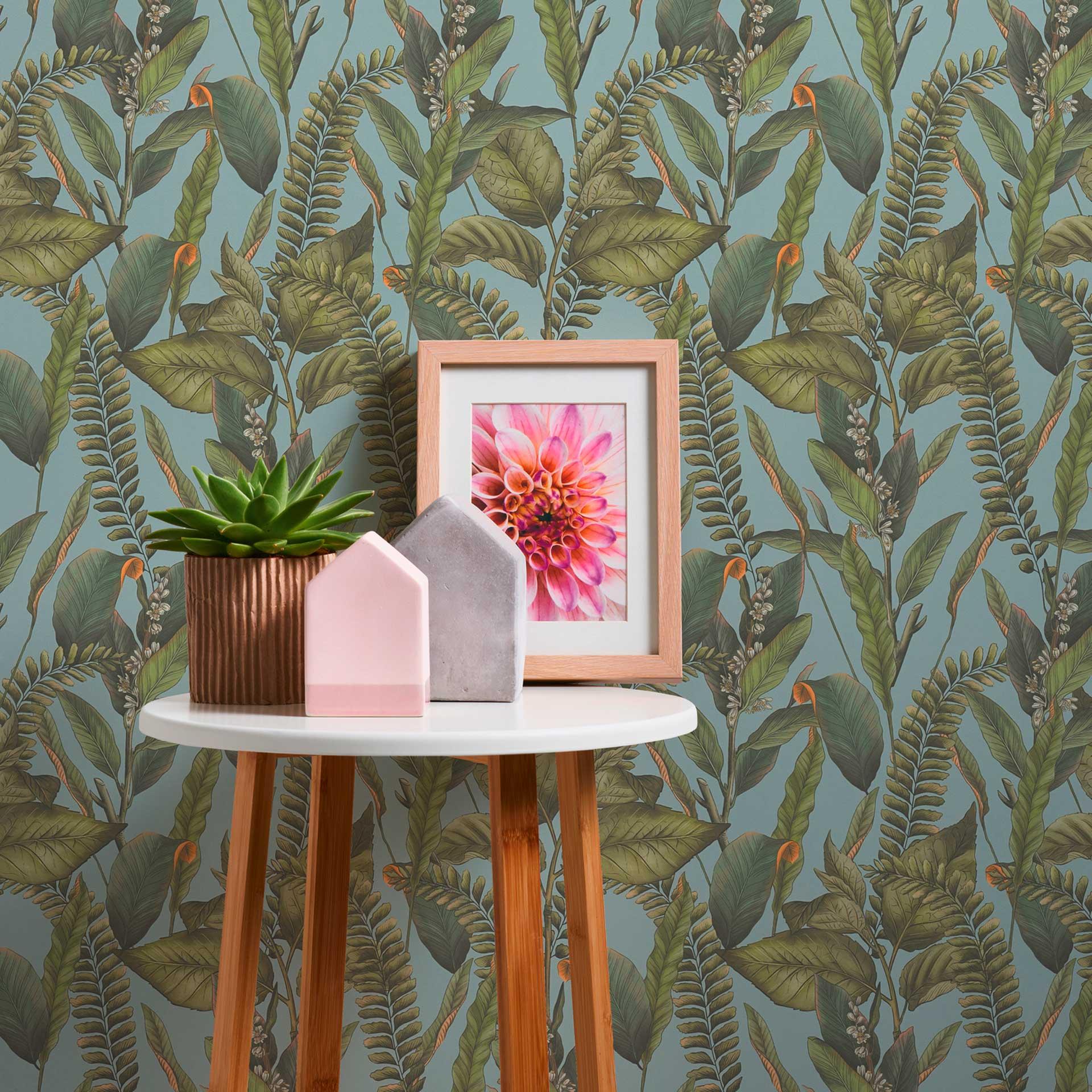 Papel pintado Jungla azul verde - Papel pintado no tejido floral con hojas y flores