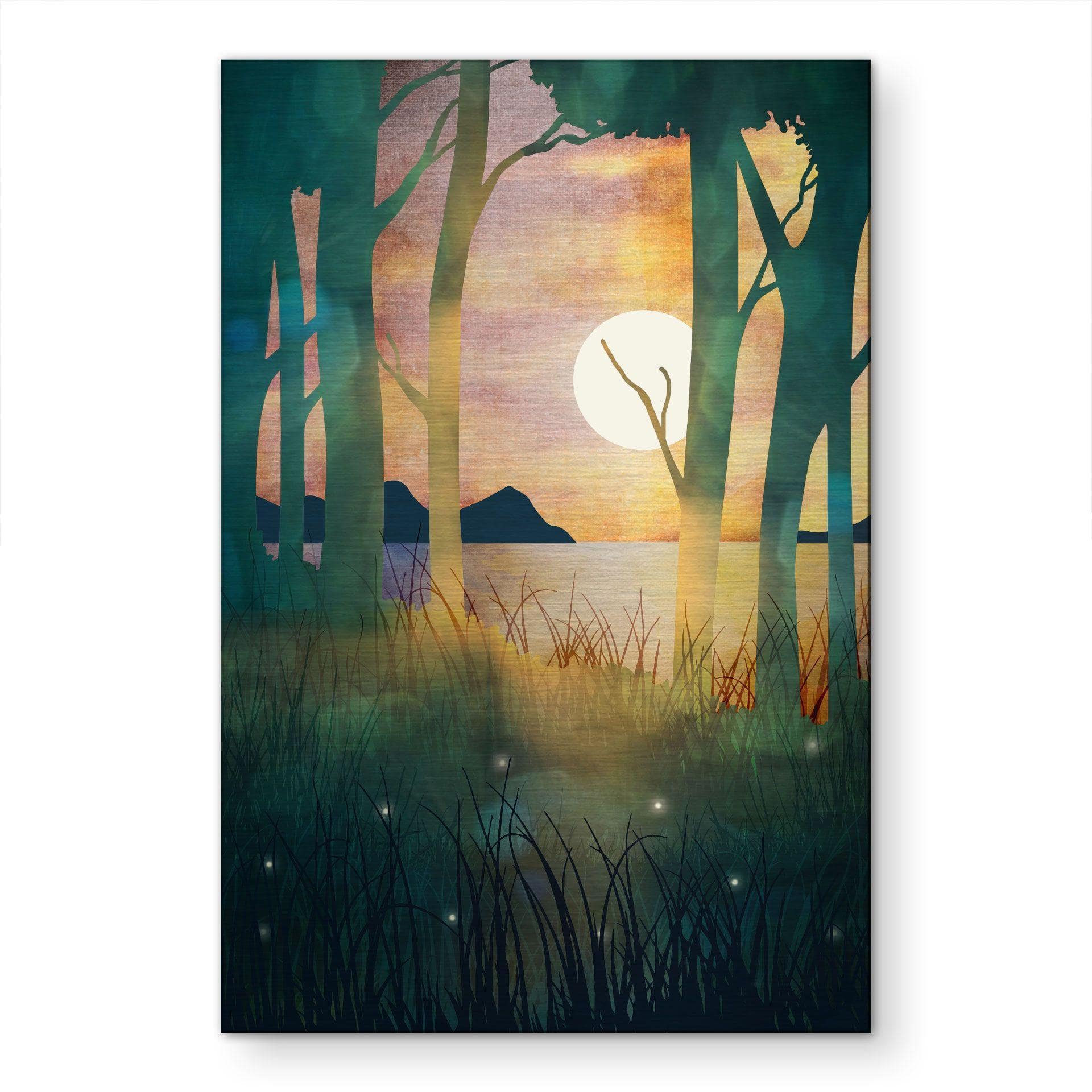 Alu-Dibond gebürstet mit Silbereffekt - Waldzauber bei Sonnenuntergang - SpaceFrog Designs - 30x45cm