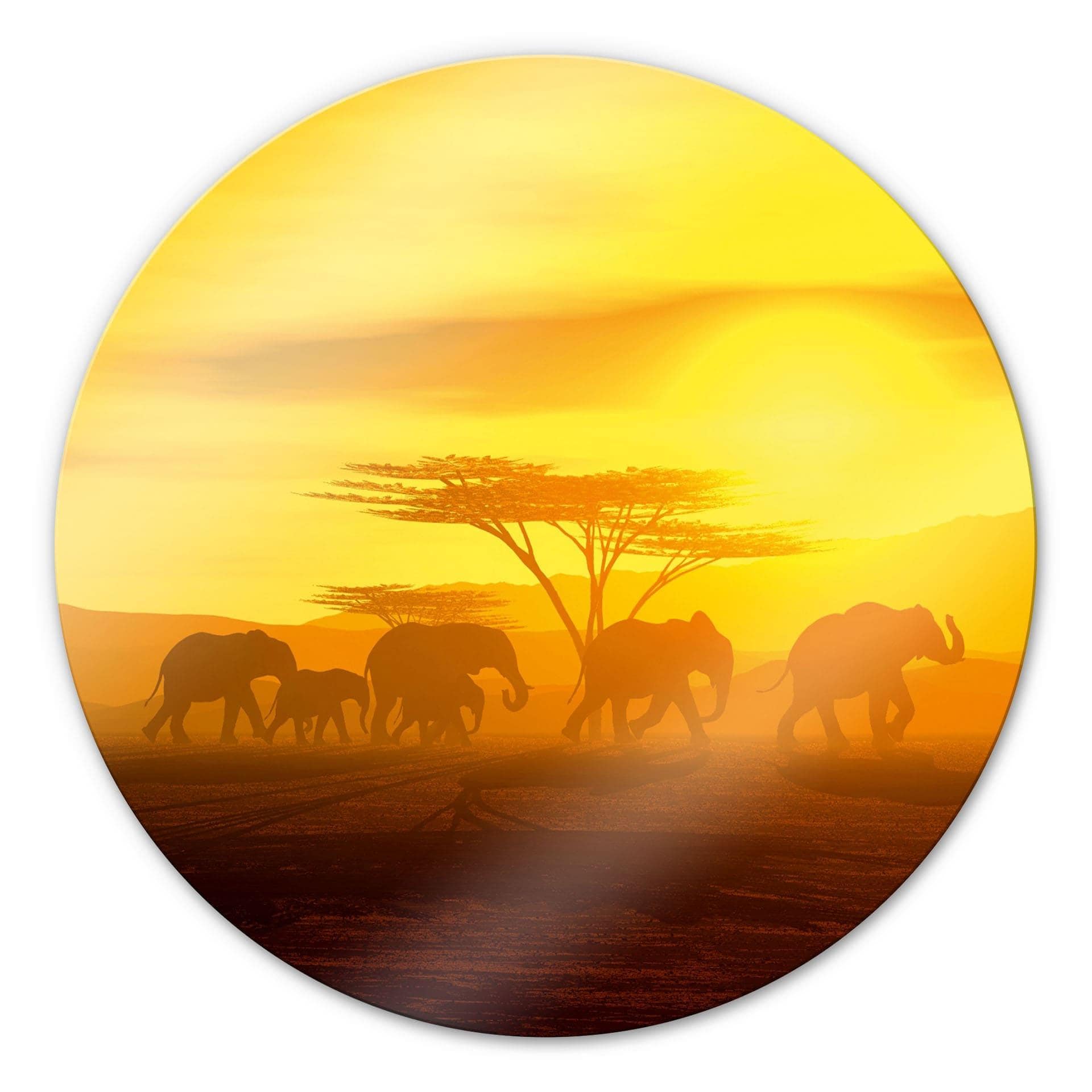 Tableau en verre - Migration des Éléphants - rond