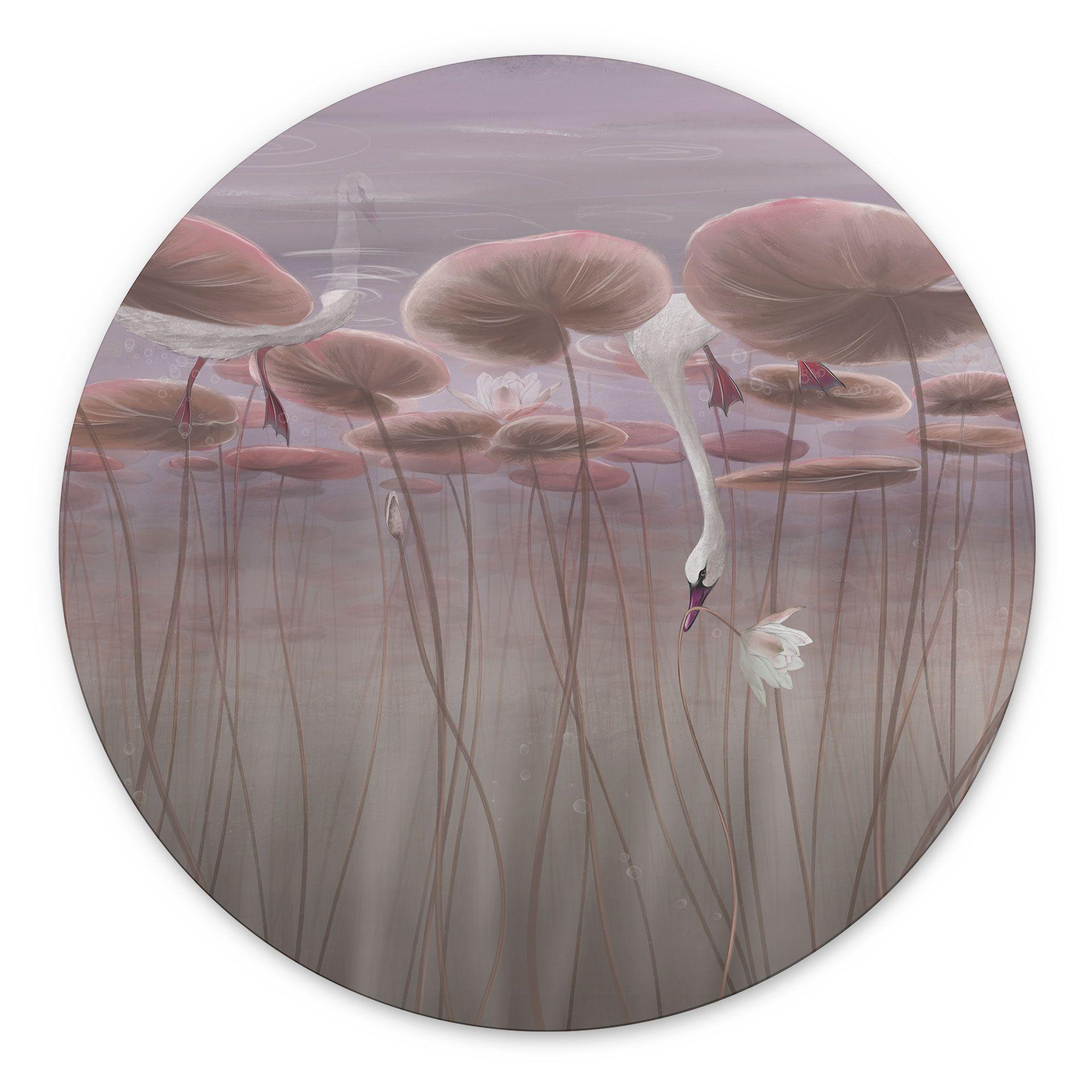 Wanddecoratie lotusbloemen met zwaan in water in schemerroze - Ms Tiff - Alu-Dibond Rond