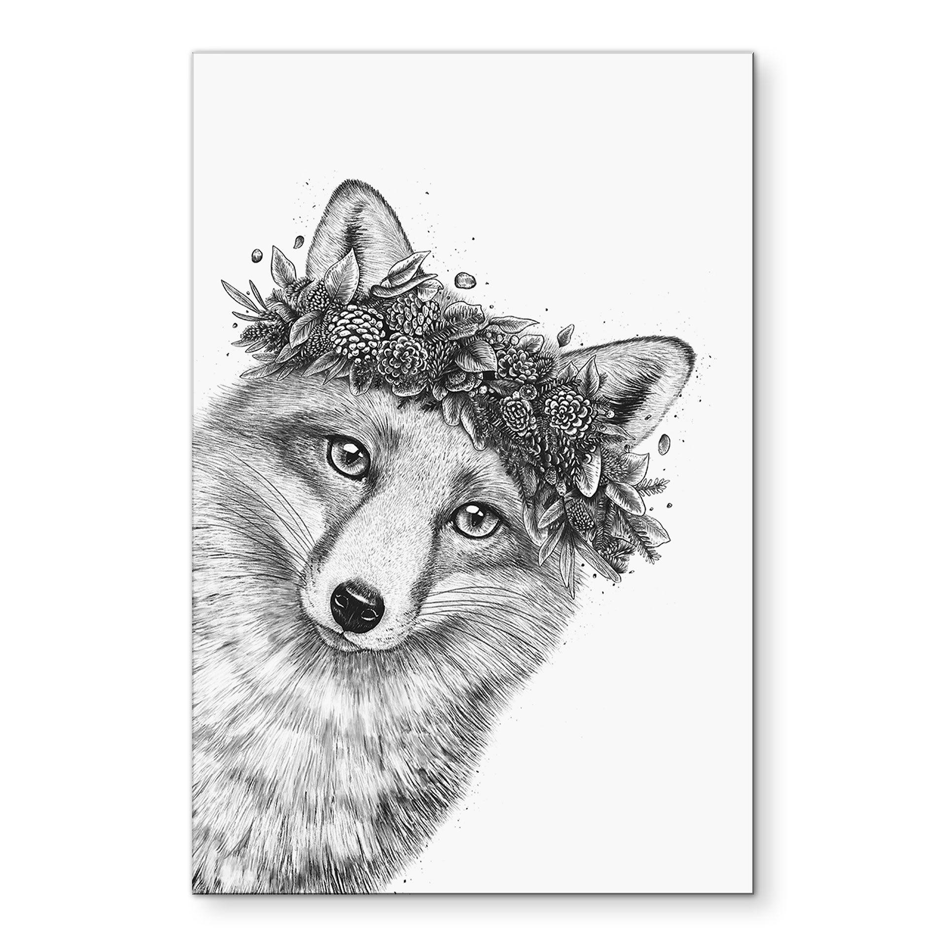 Fototapet Sort og hvid ræv med blomsterkrans - Korenkova – print på aluminium (Alu-Dibond)