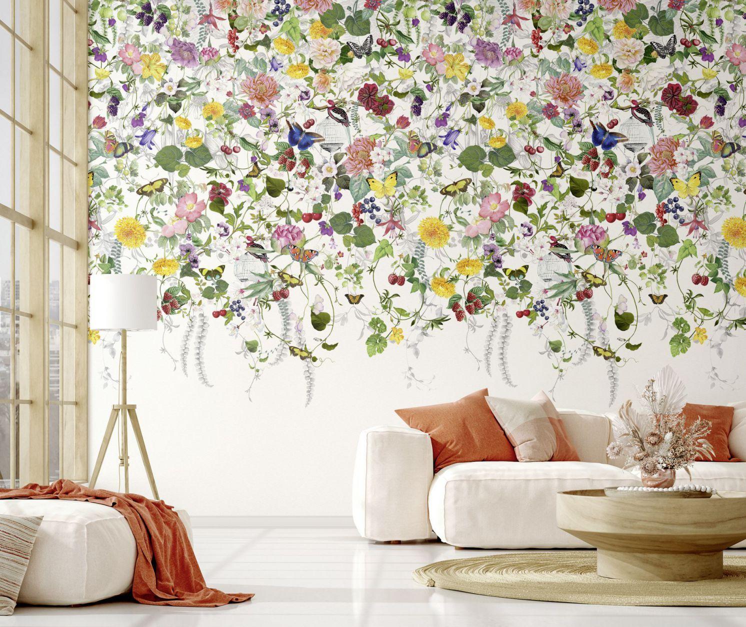 Fototapet med motiv Farverig blomstereng med sommerfugle og fugle 3,4 x 2,12 m