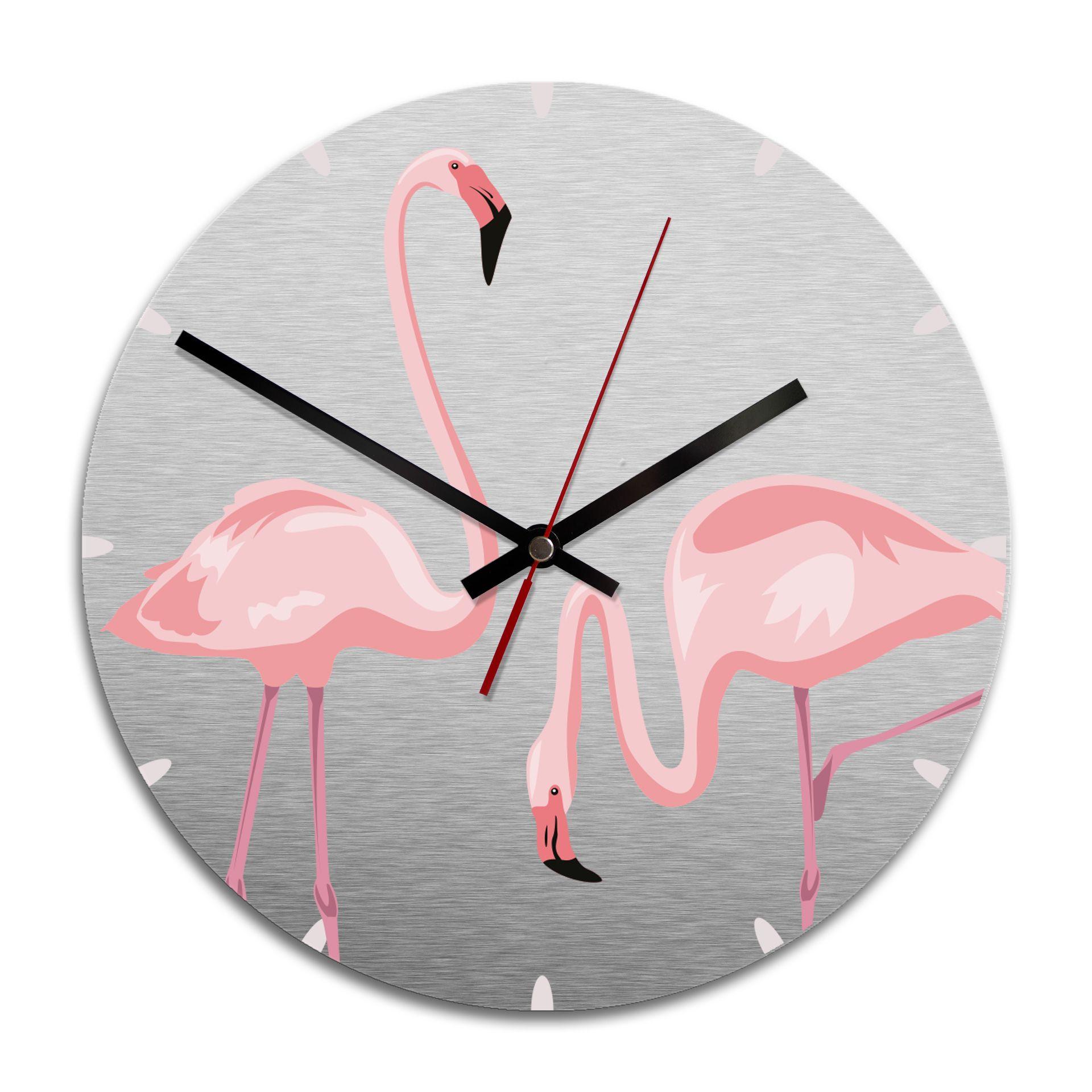 Horloge murale en Alu-Dibond - Argenté - Flamants roses