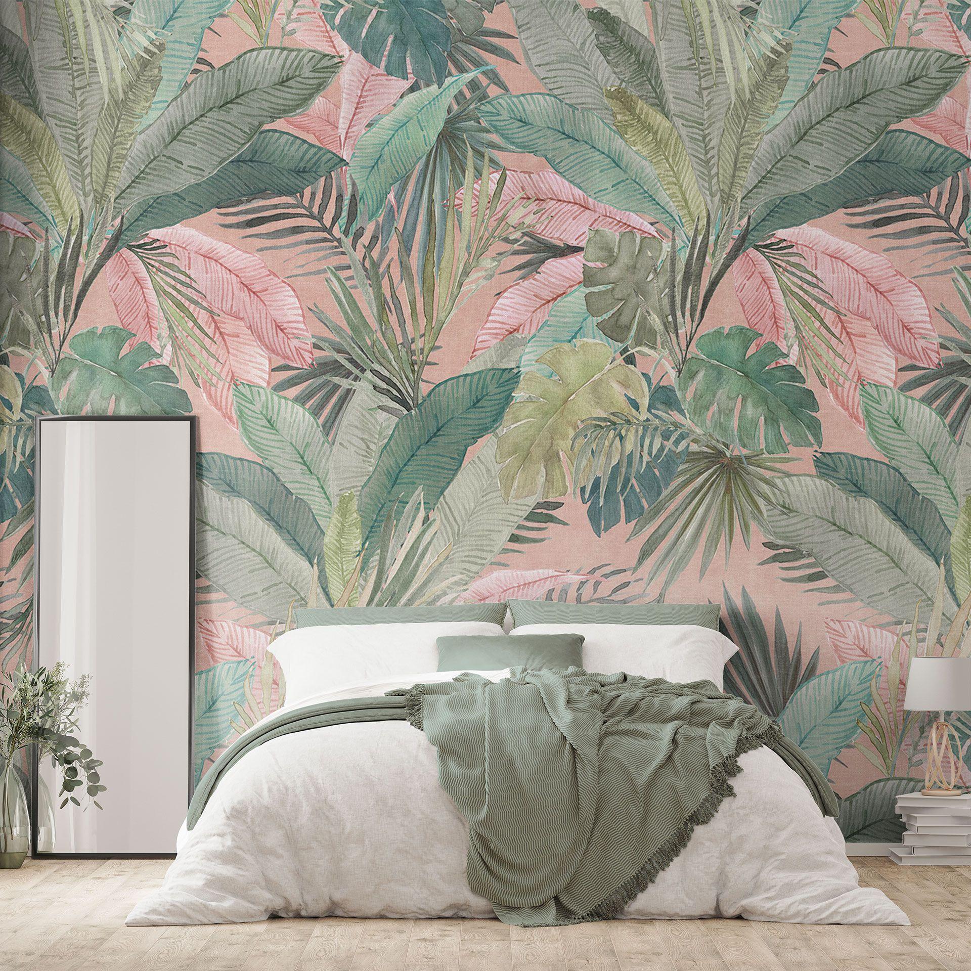 Fotomural hojas tropicales en la selva rosa - Bloomery Decor