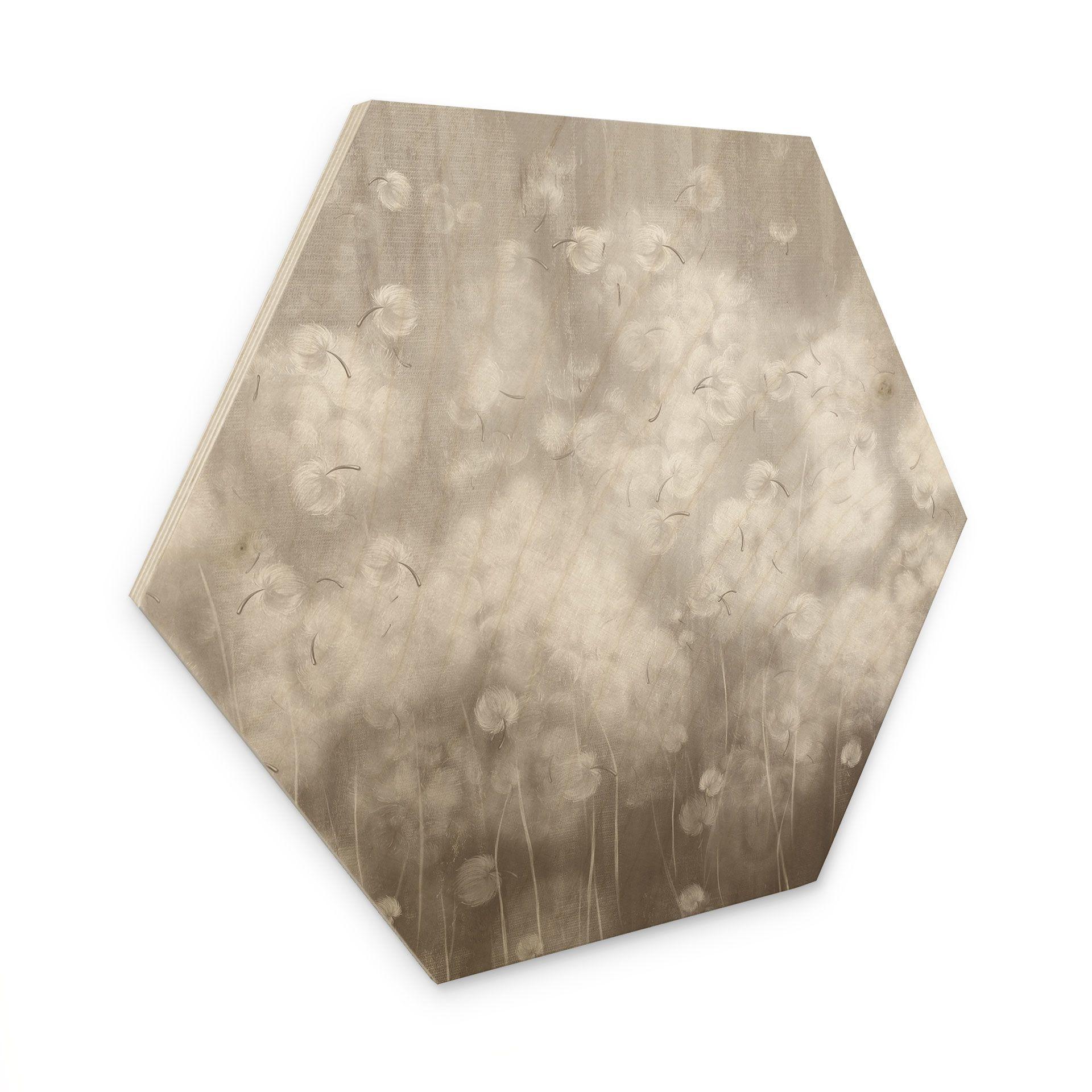 Zeshoekige Houten Wanddecoratie paardenbloemen droom in beige - Ms Tiff