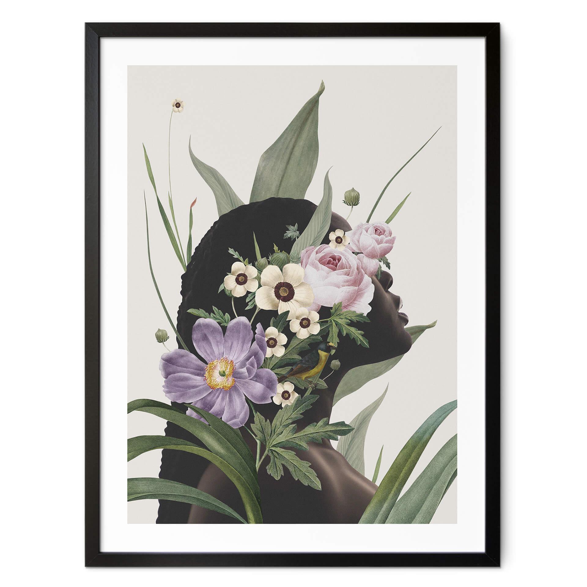 Póster Frida Floral Studio - Silueta de mujer con flores moradas