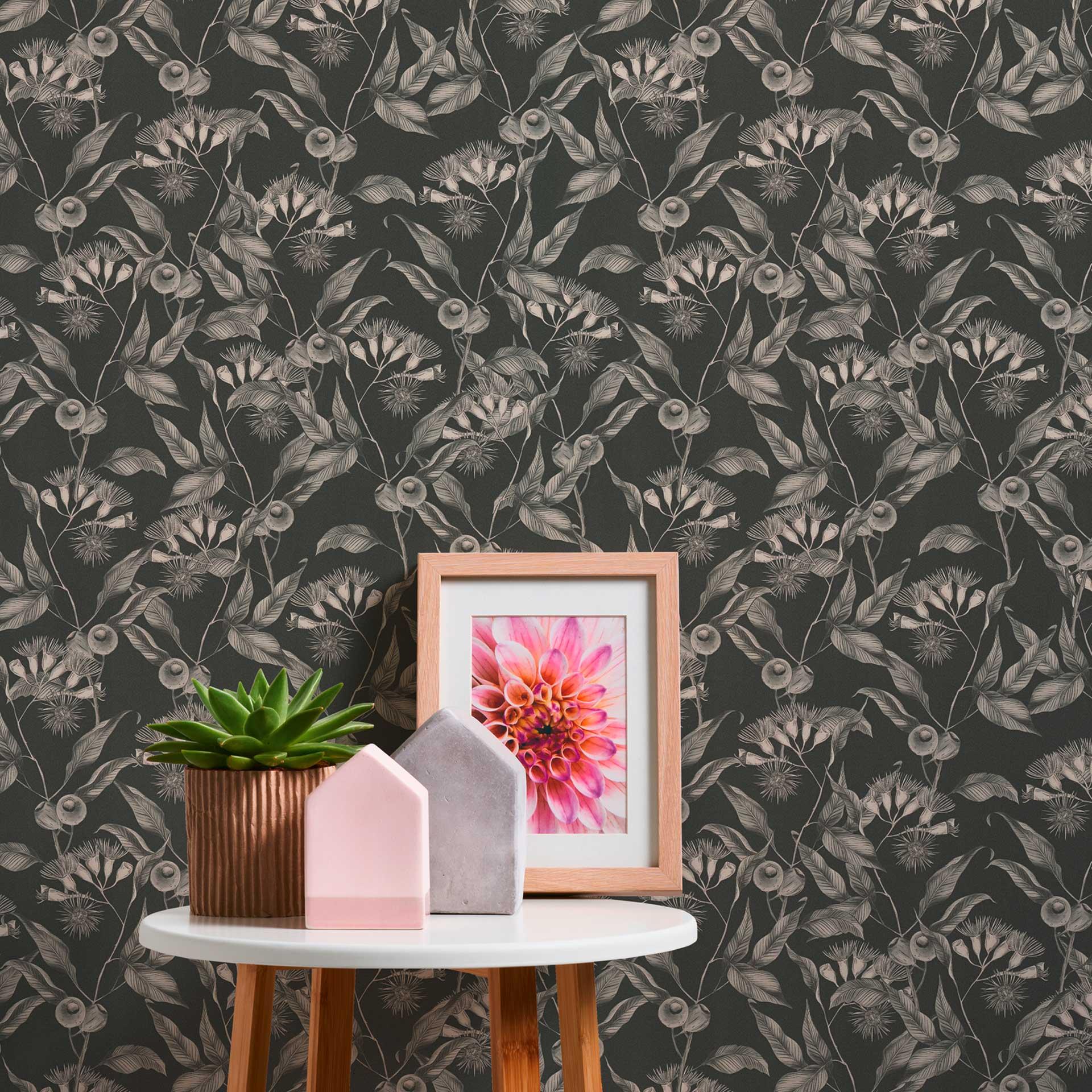 Papel pintado floral con ramas de olivo en blanco y negro - papel pintado no tejido floral con aceitunas