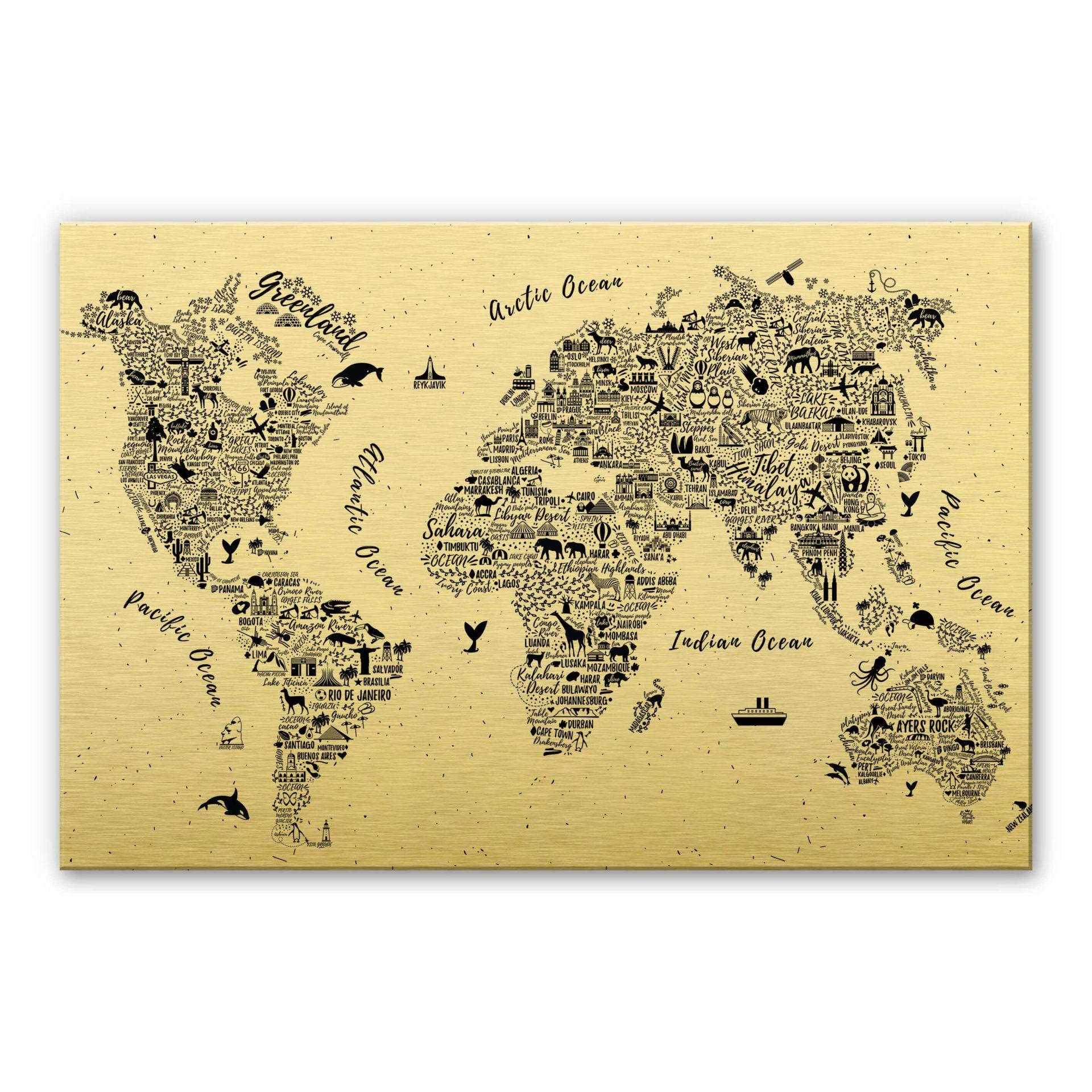 Alu-Dibond Guldeffekt - Verdenskort Around the world – print på aluminium (Alu-Dibond)