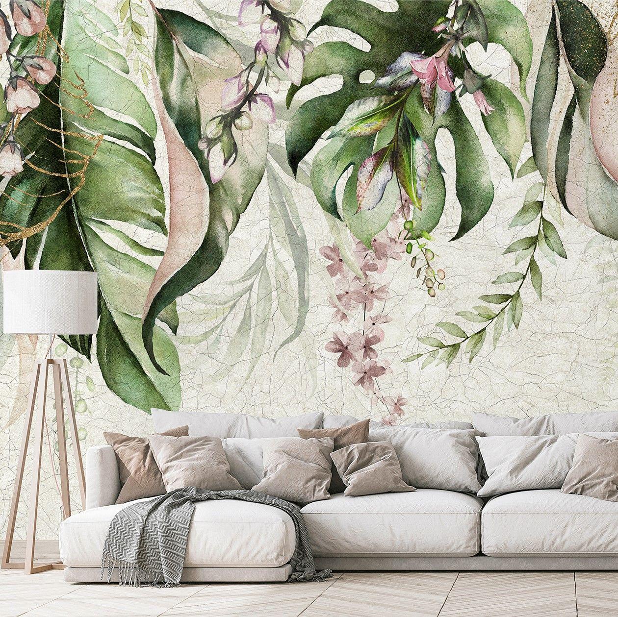 Akvarel jungleblade med sarte blomster Fototapet 3,4 x 2,65 m