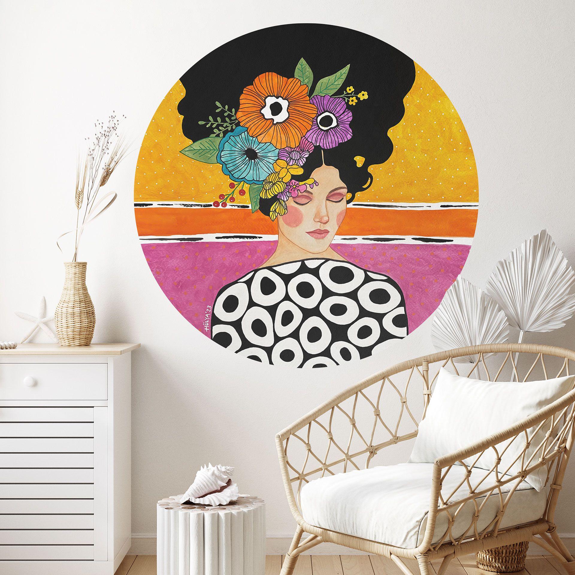 Vinilo decorativo Mujer con corona de flores de colores - Hülya - Redondo