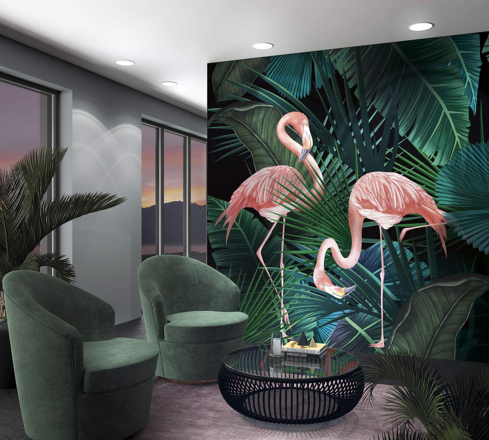 Fototapet med flamingoer og planter, Pink illustration 2,70 x 2,65 m