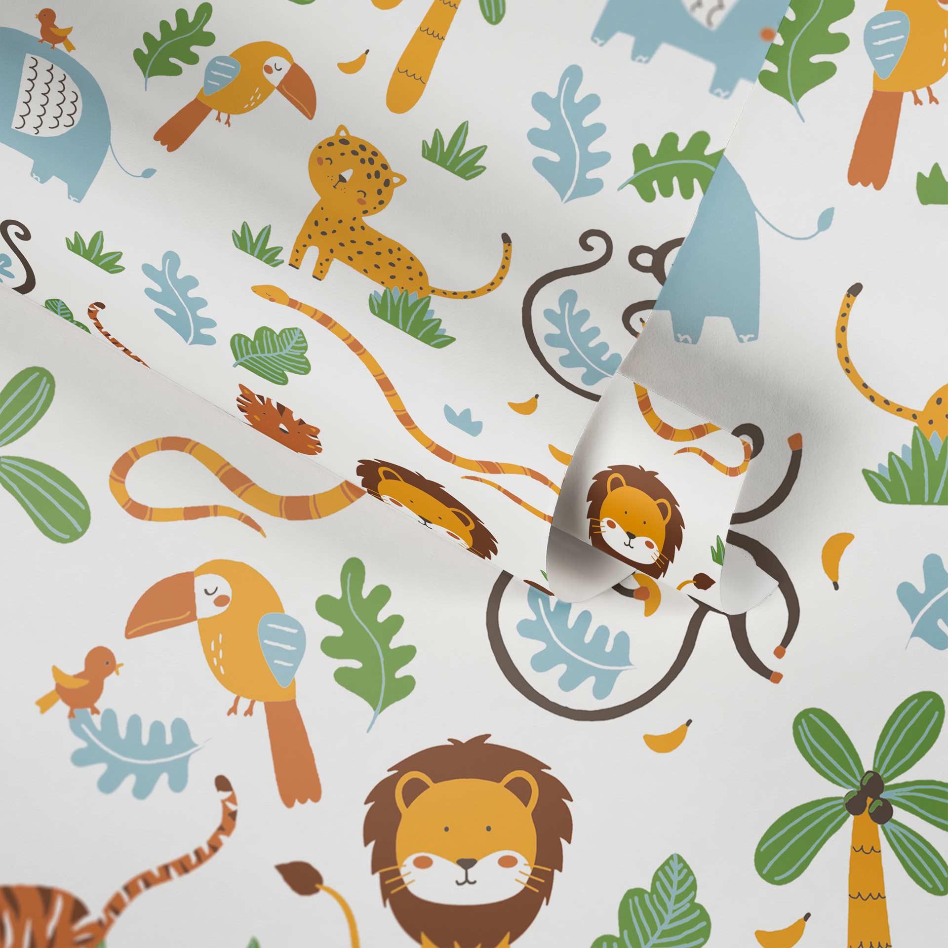 Tropisk jungletapet i farverigt og hvidt til børneværelset Made in Germany Little Love